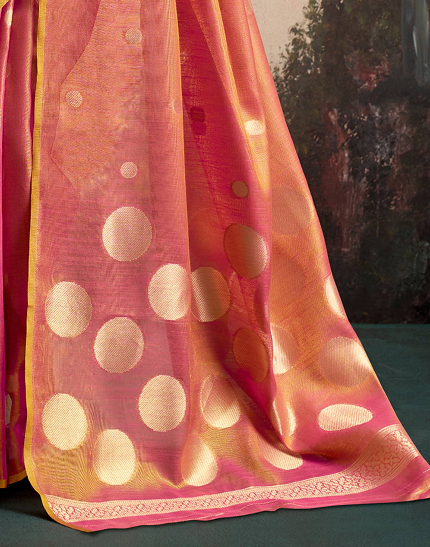 Coral Pink Tissue Silk Woven Saree