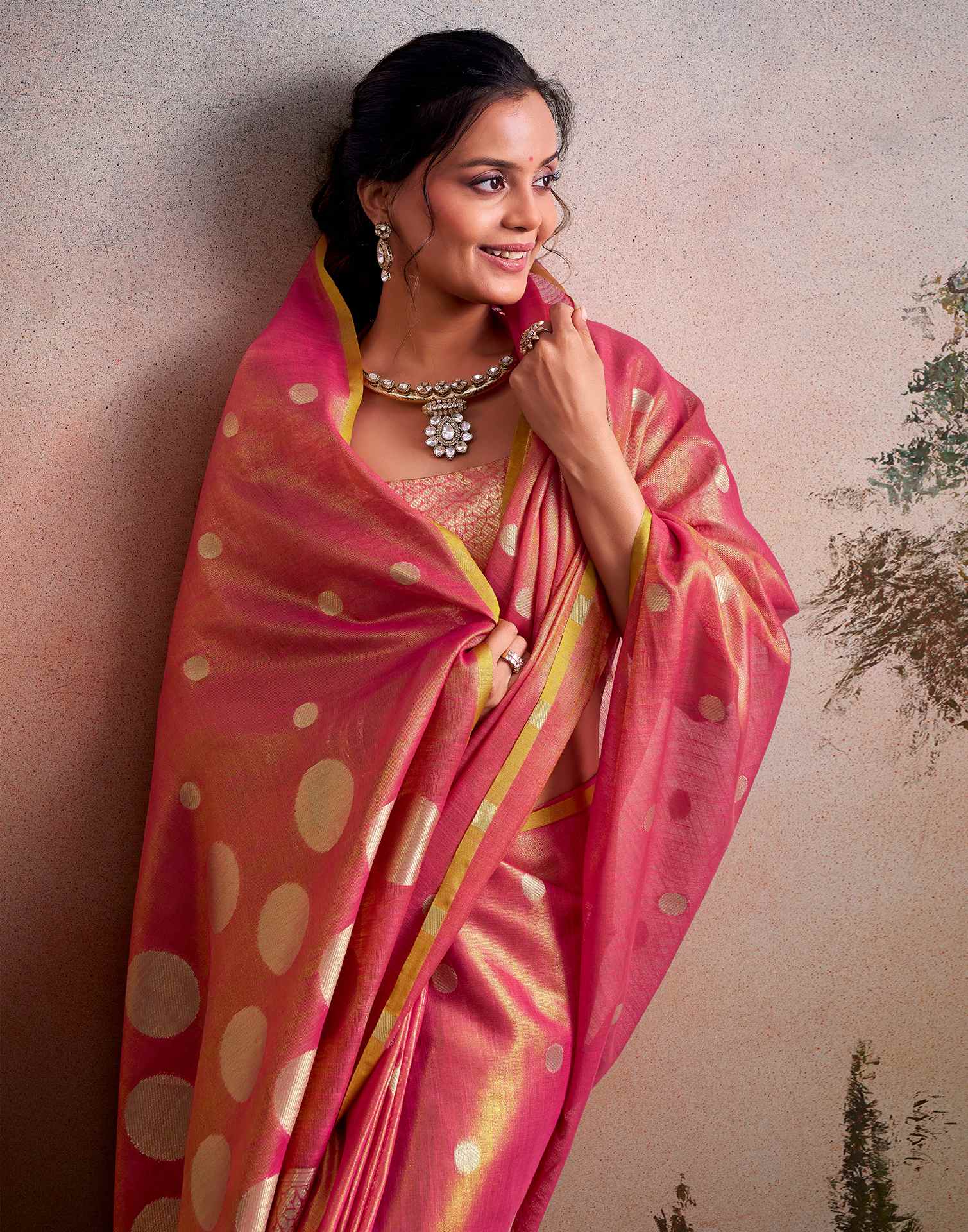 Coral Pink Tissue Silk Woven Saree