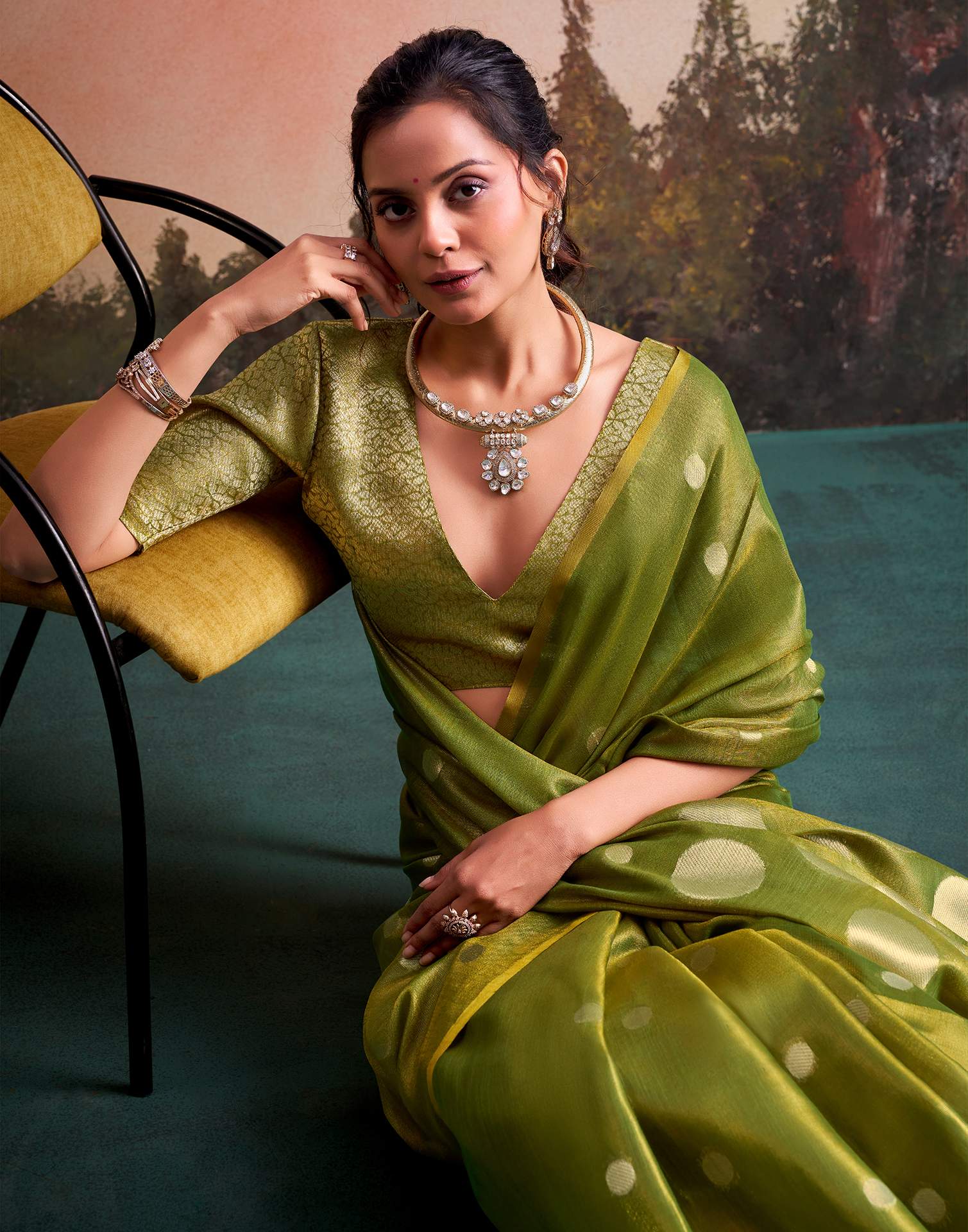 Moss Green Tissue Silk Woven Saree