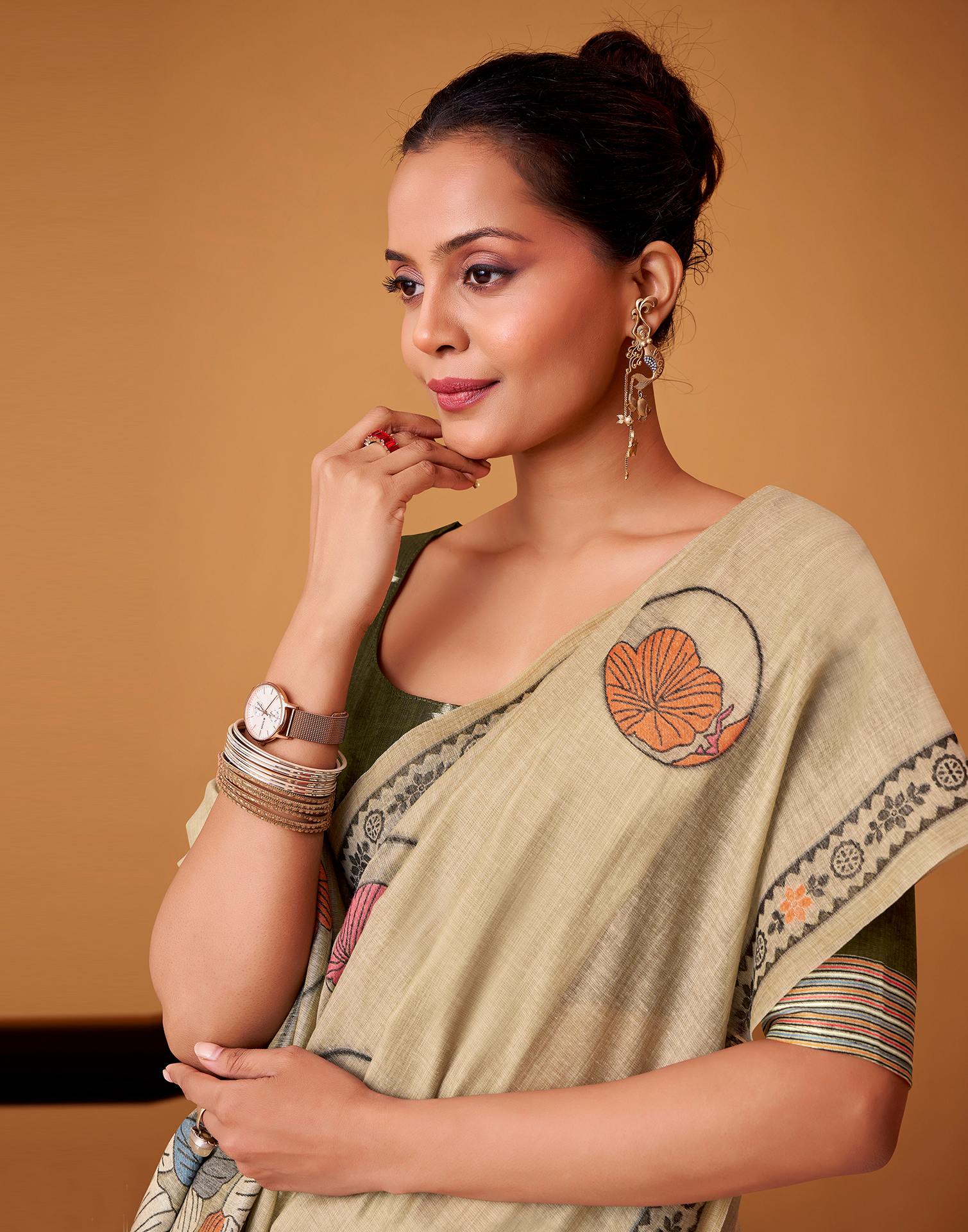 Beige Silk Woven Printed Saree