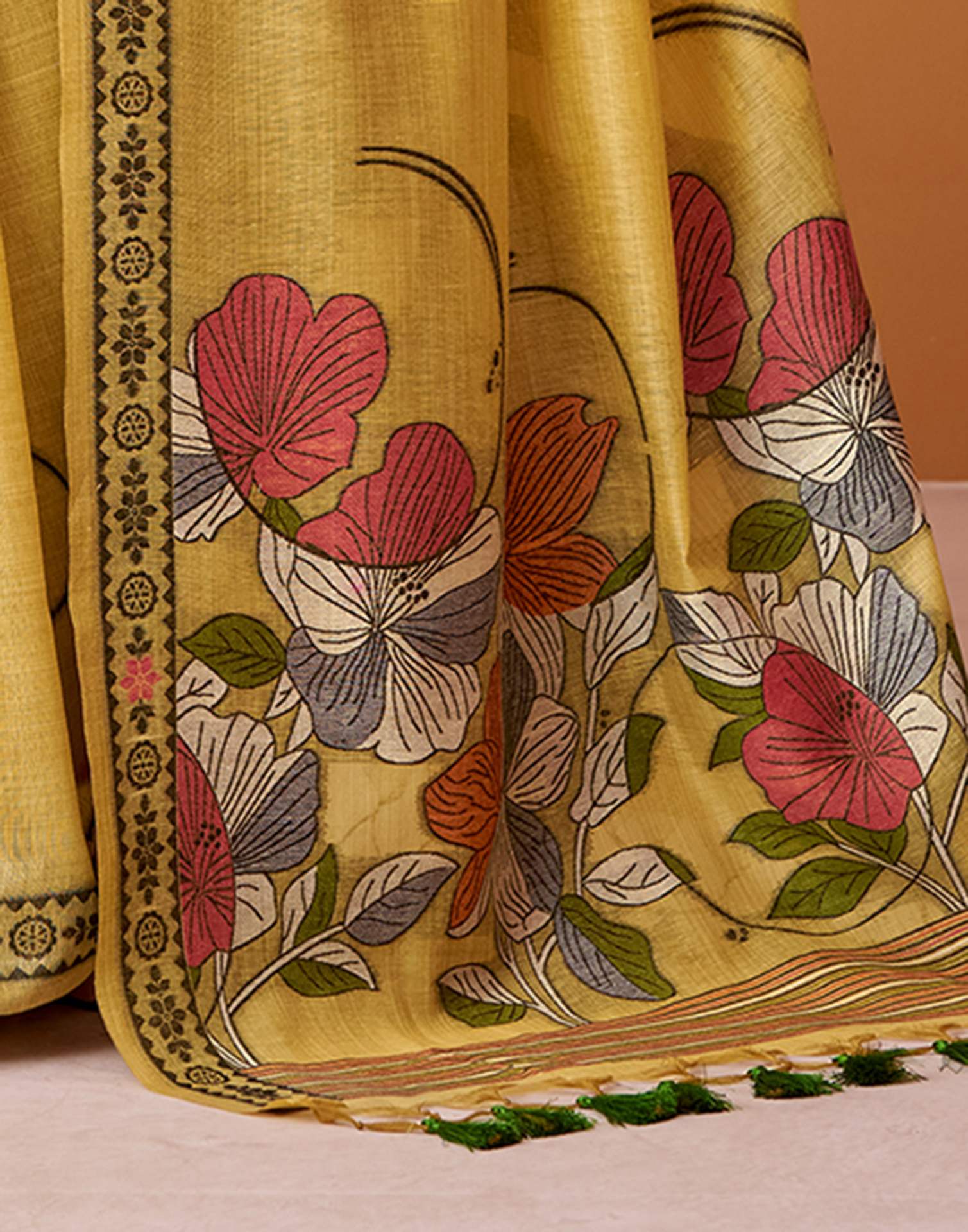 Yellow Silk Woven Printed Saree