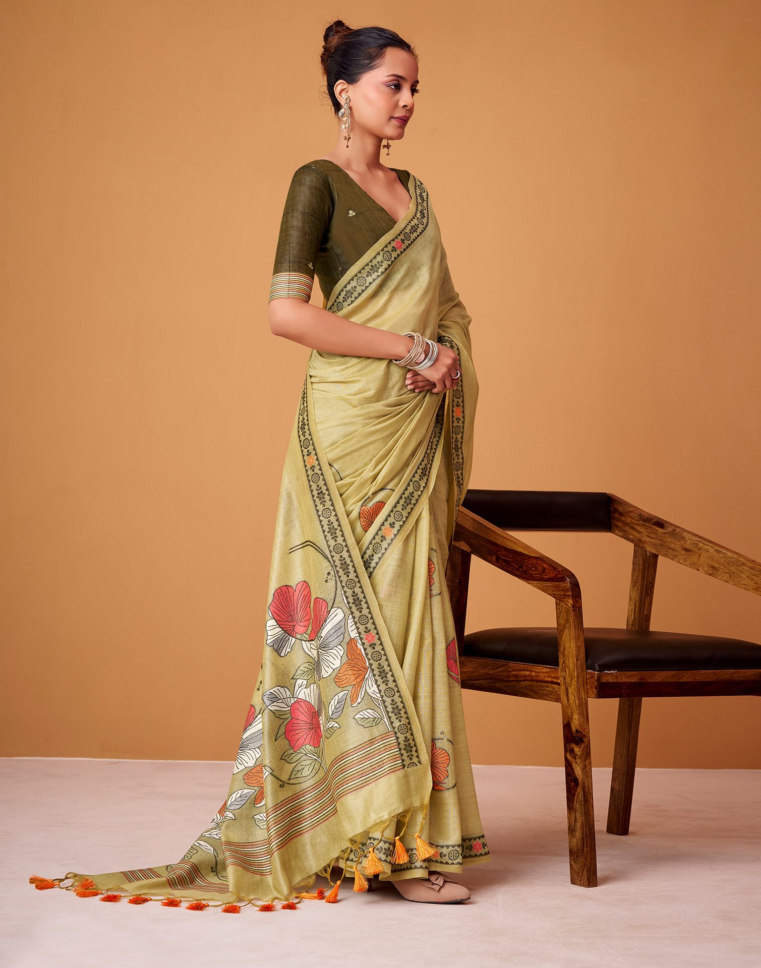 Light Yellow Silk Woven Printed Saree