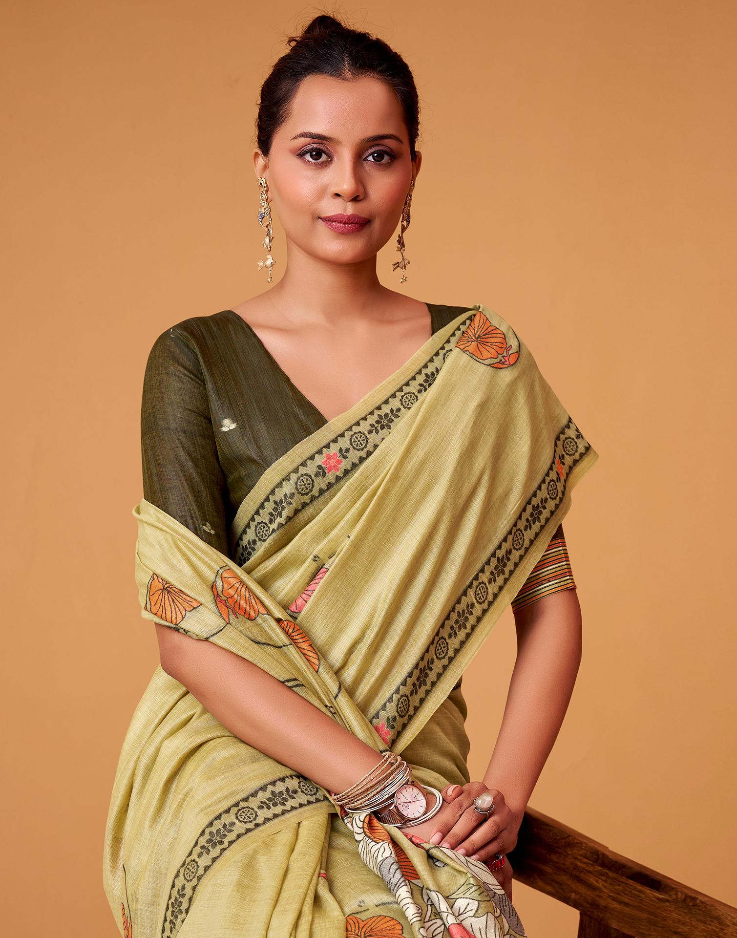 Light Yellow Silk Woven Printed Saree