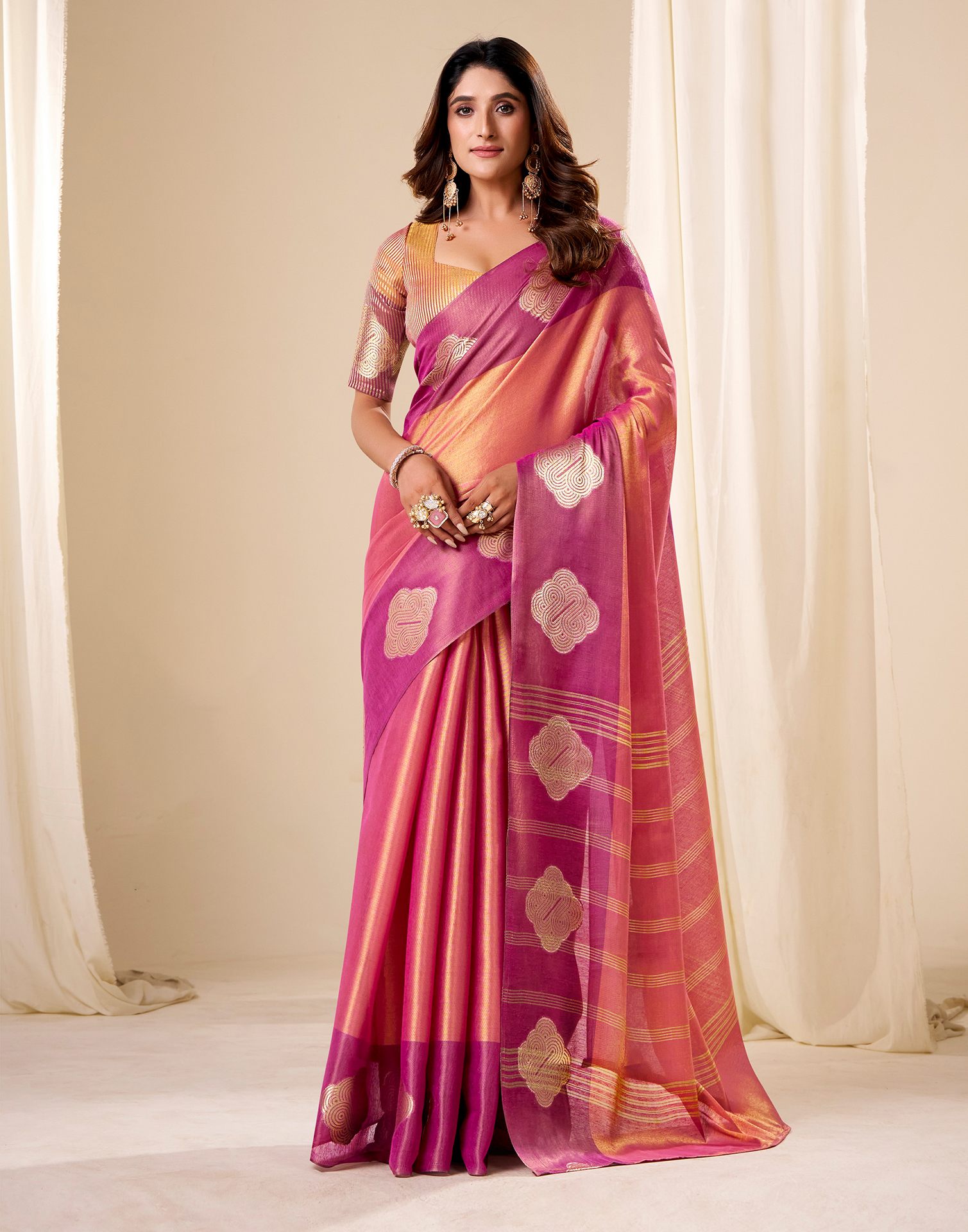 Coral Pink Tissue Silk Woven Saree