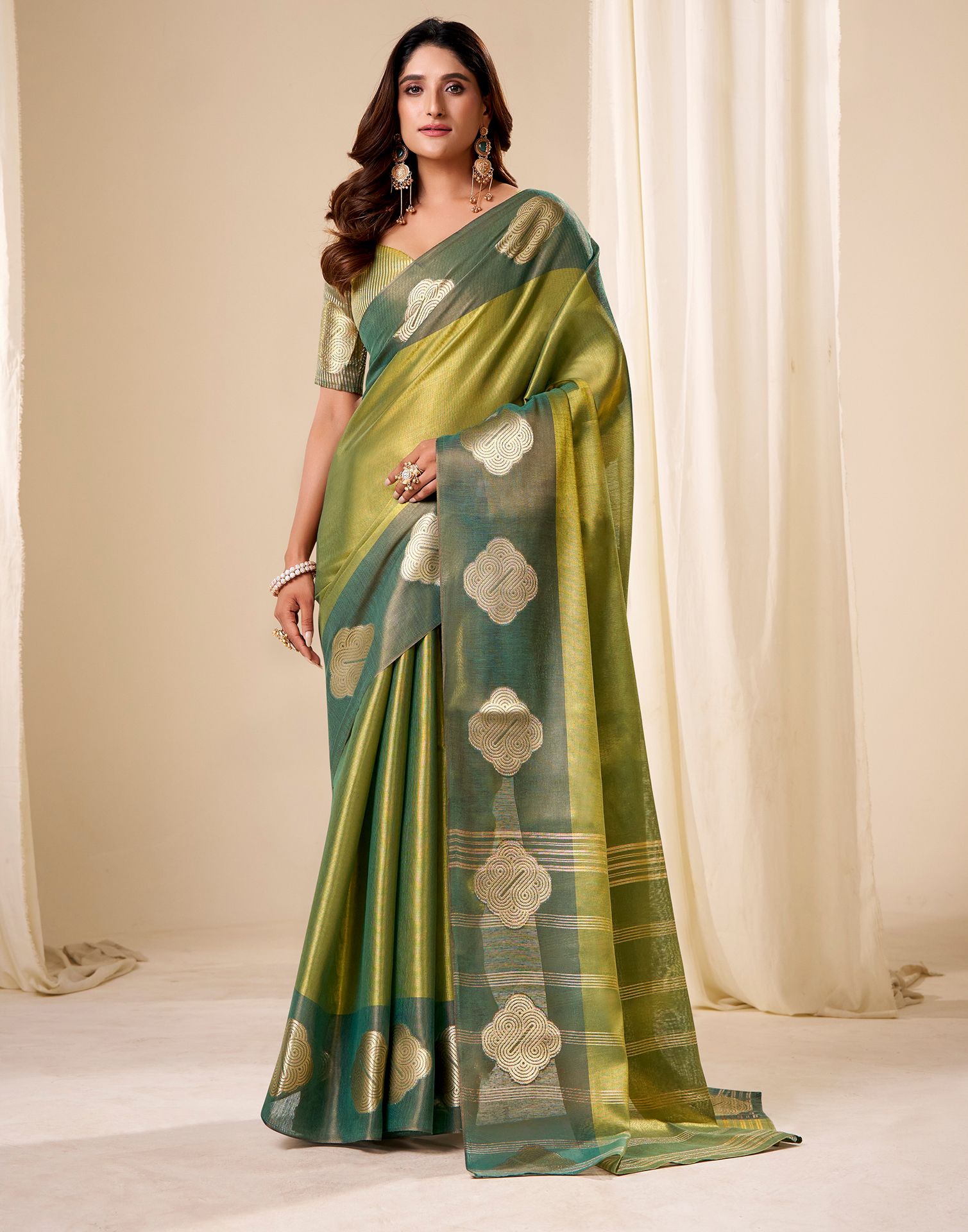 Moss Green Tissue Silk Woven Saree