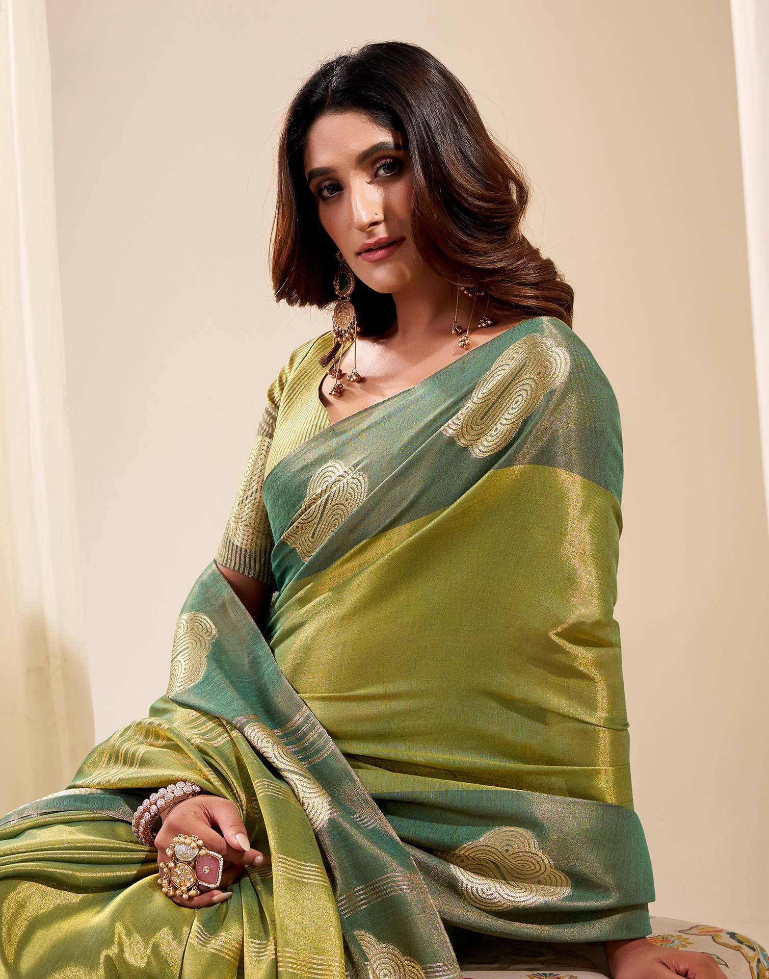 Moss Green Tissue Silk Woven Saree