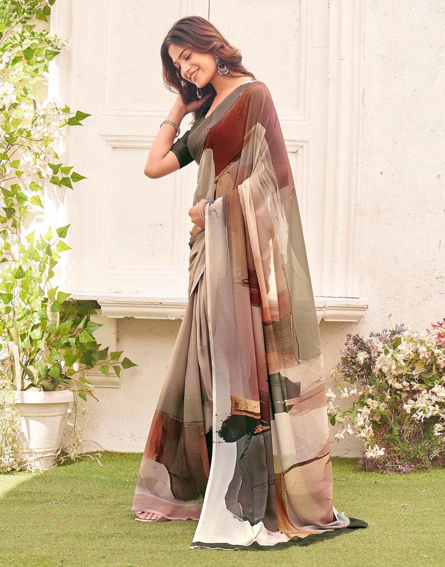 Peach Georgette Printed Saree