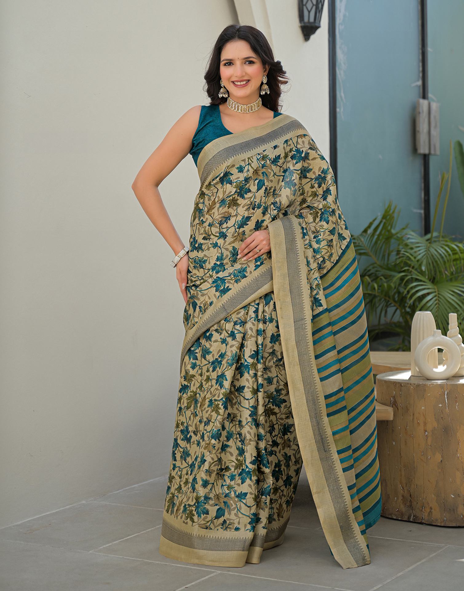 Beige Khadi Printed Saree