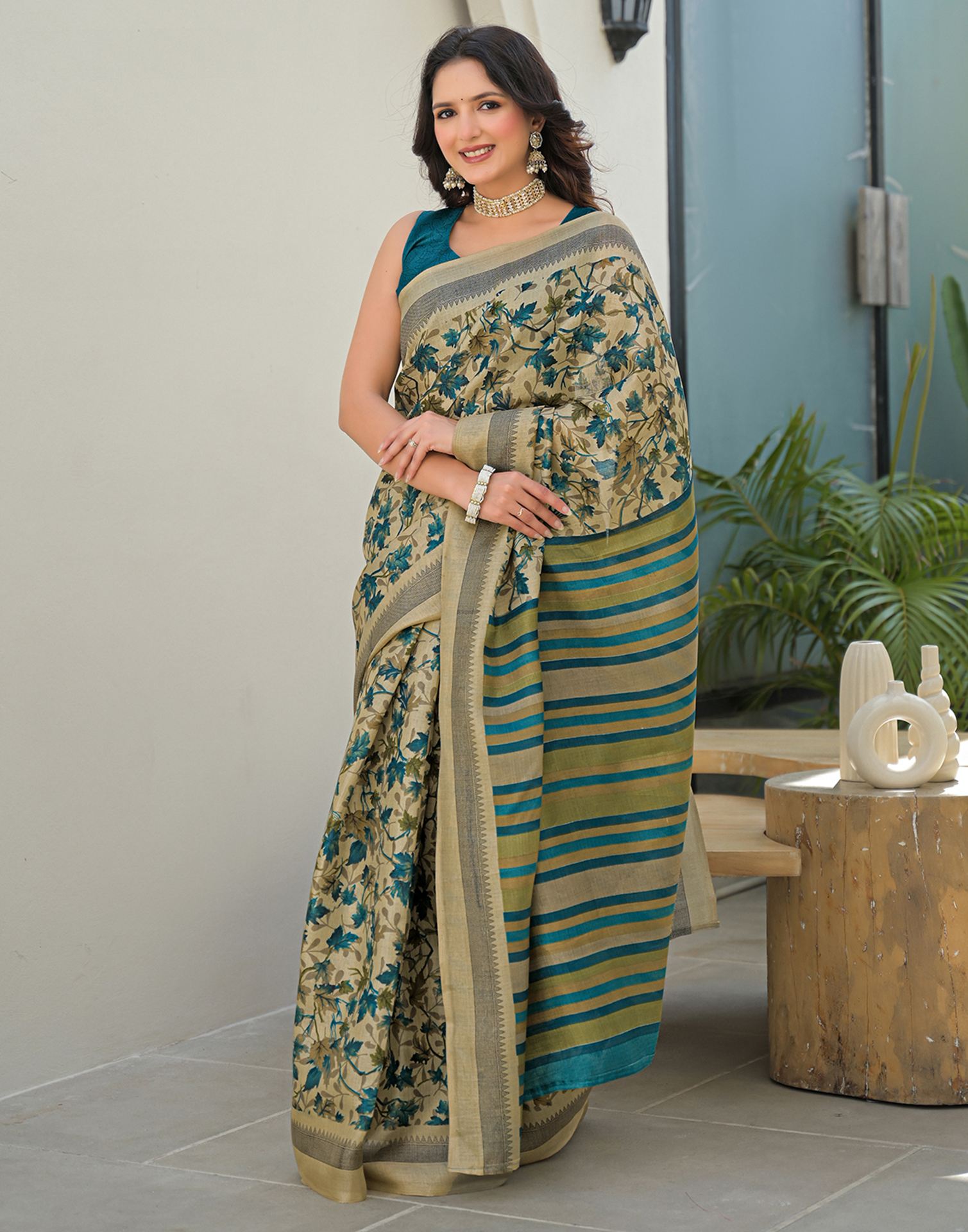 Beige Khadi Printed Saree
