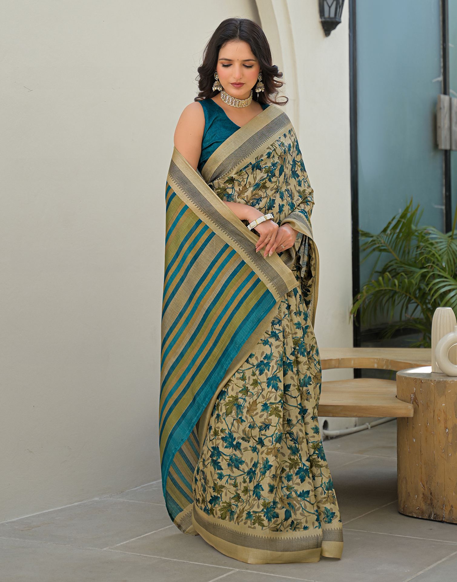Beige Khadi Printed Saree