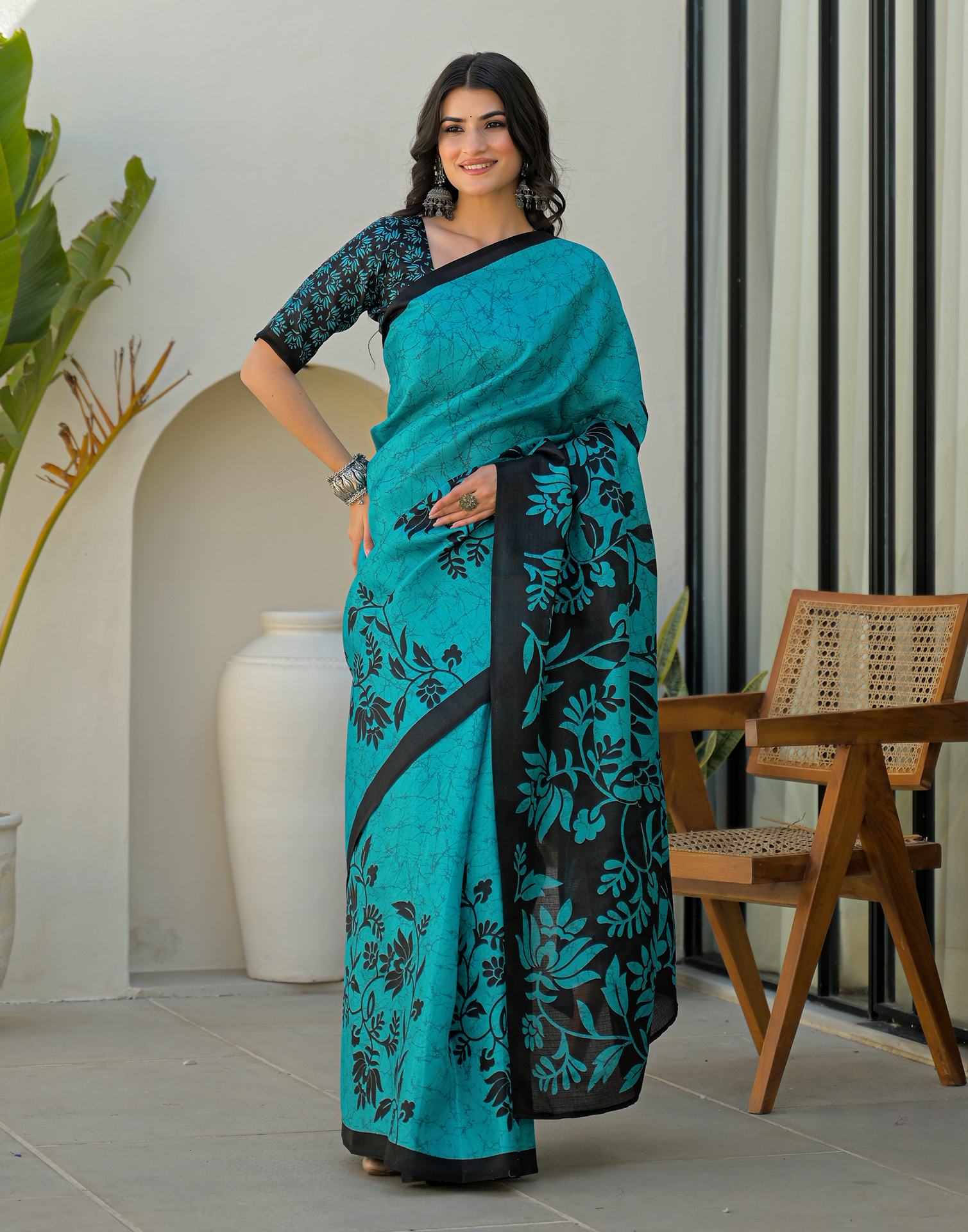 Teal Blue Khadi Printed Saree