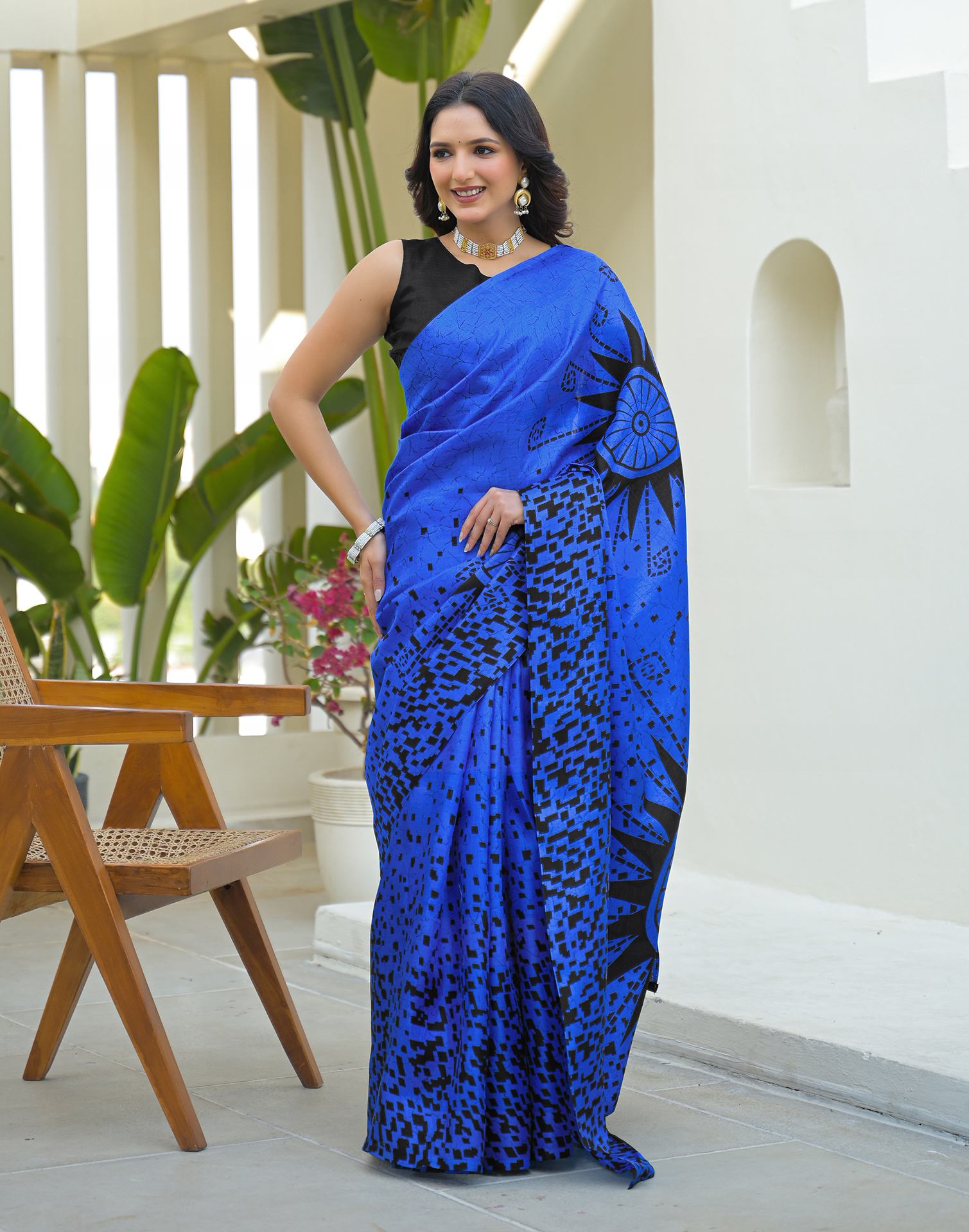 Dark Blue Khadi Printed Saree