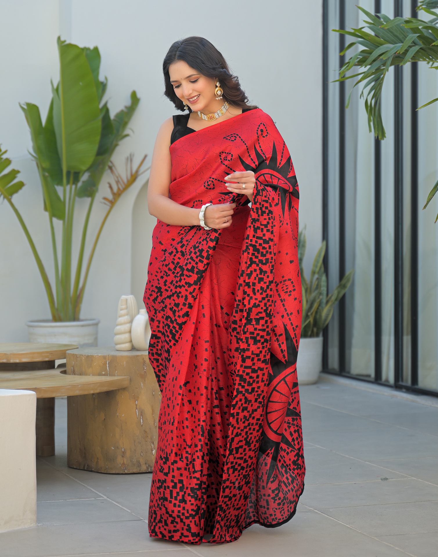 Red Khadi Printed Saree
