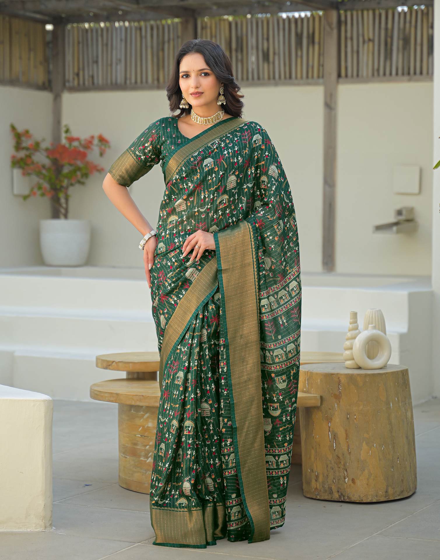 Green Silk Printed Zari Stripe Saree