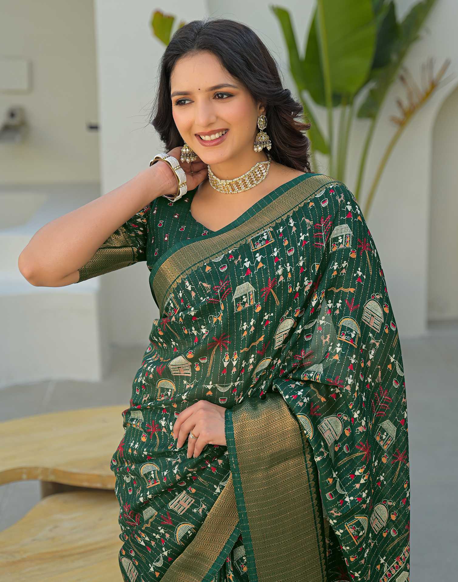 Green Silk Printed Zari Stripe Saree