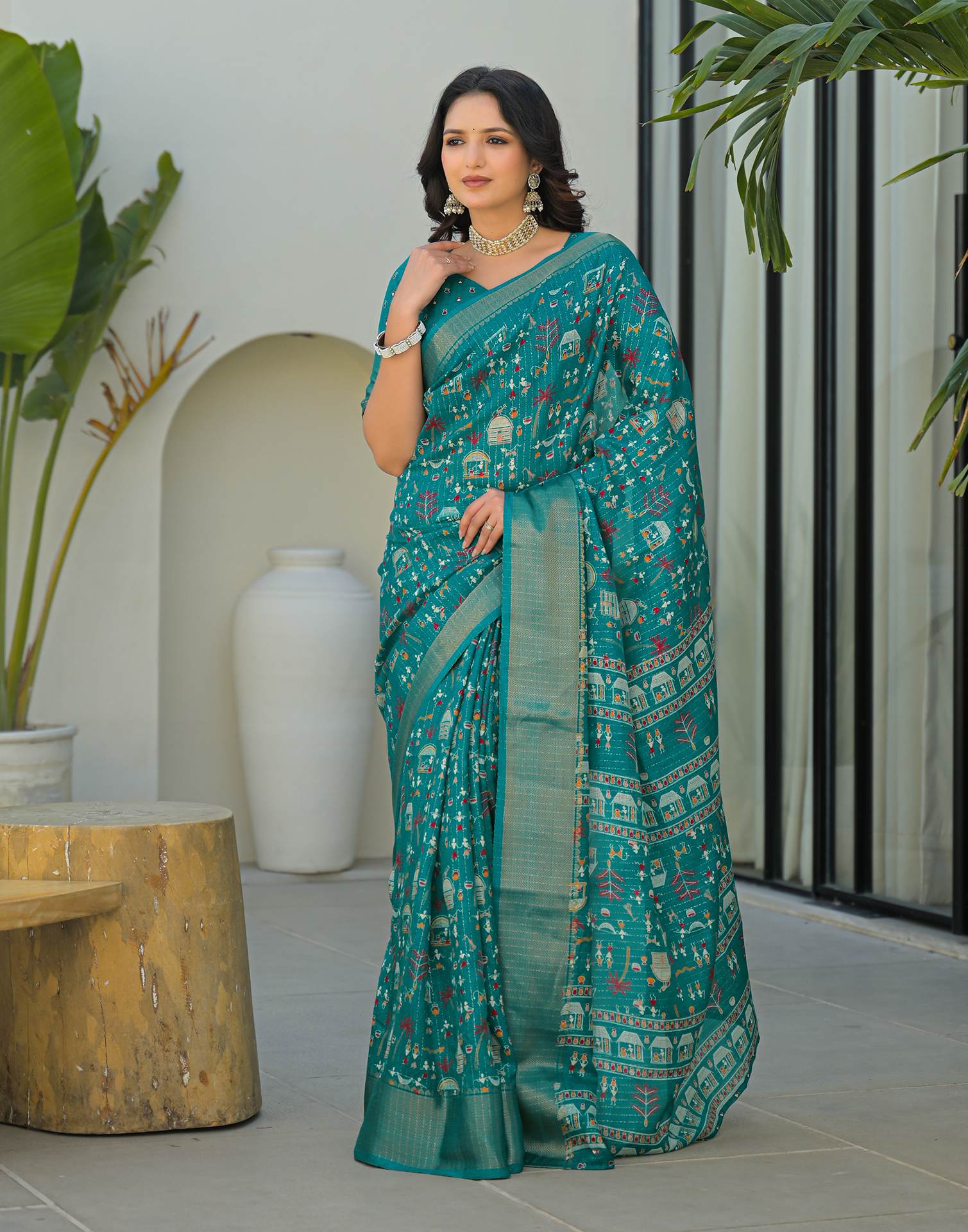 Teal Green Silk Printed Zari Stripe Saree