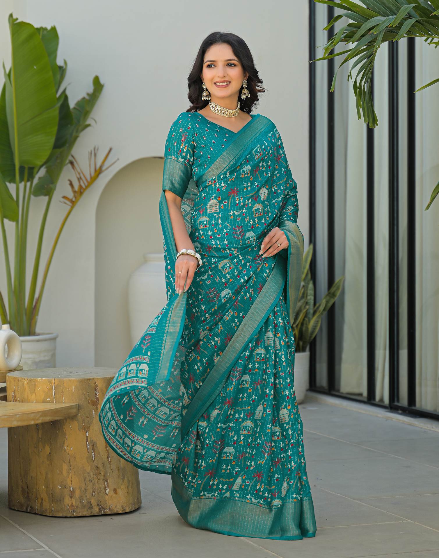 Teal Green Silk Printed Zari Stripe Saree