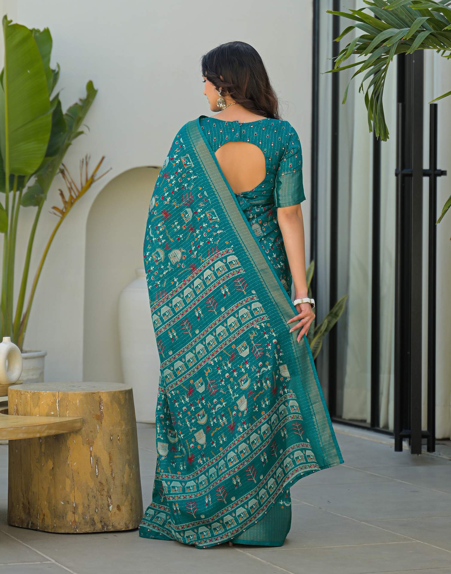 Teal Green Silk Printed Zari Stripe Saree