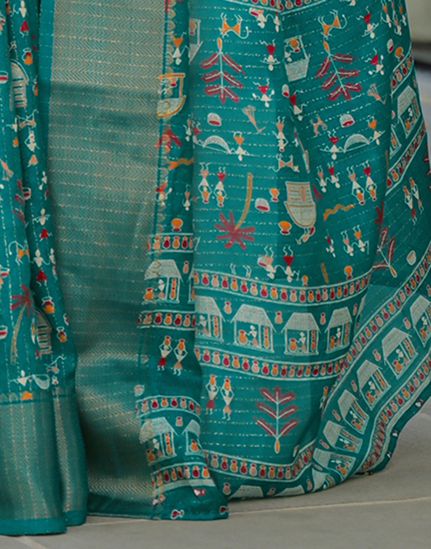 Teal Green Silk Printed Zari Stripe Saree
