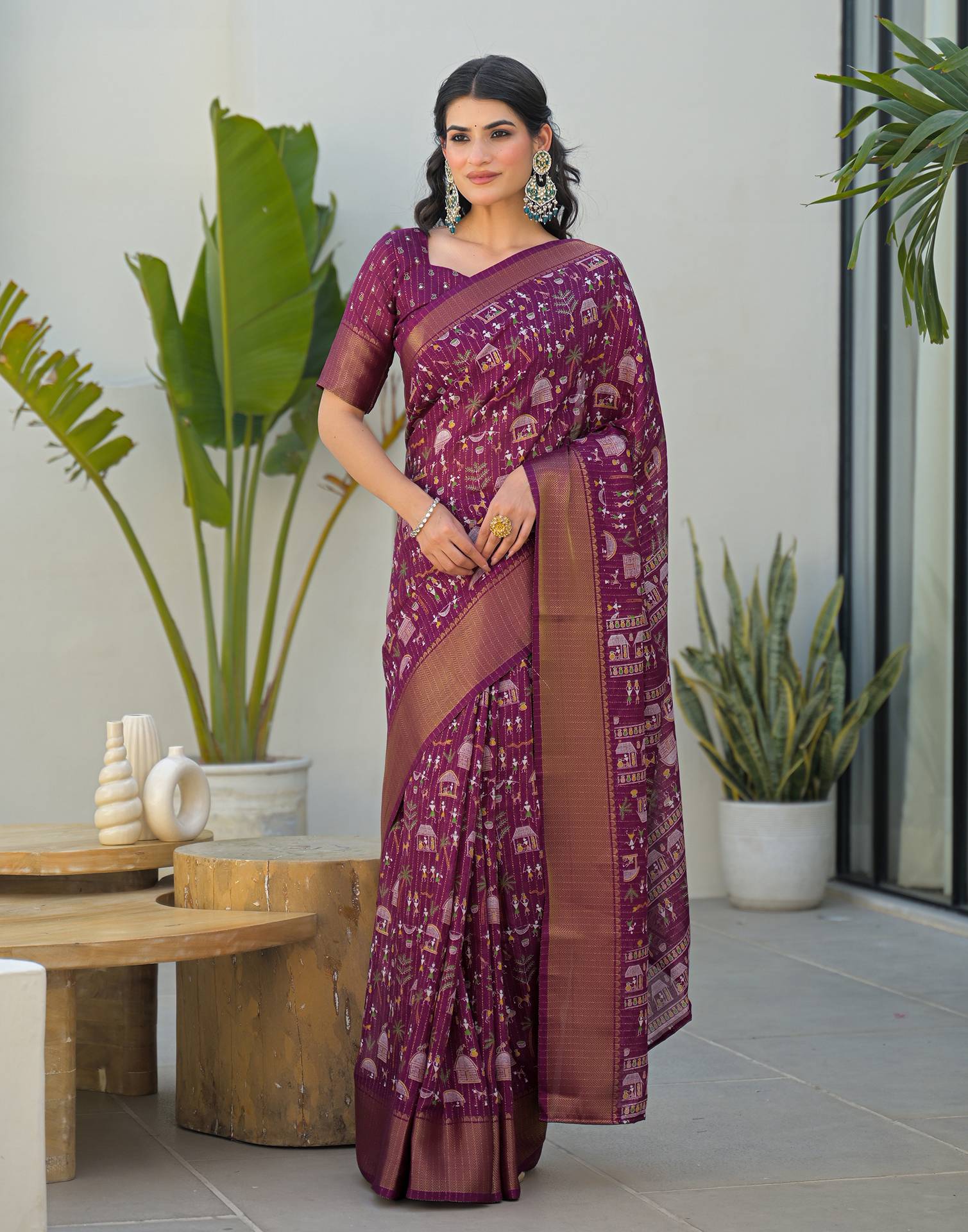 Magenta Silk Printed Zari Stripe Saree
