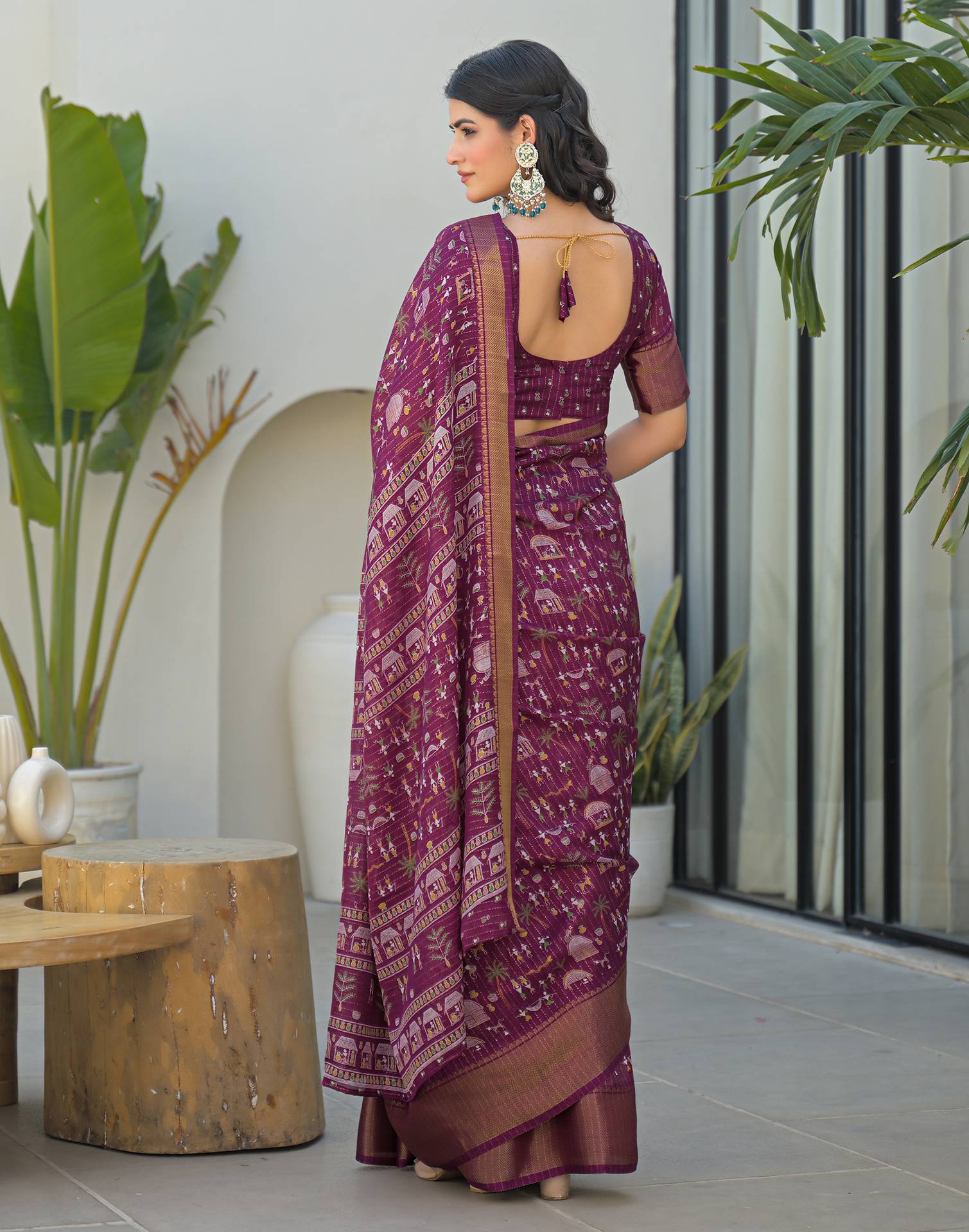 Magenta Silk Printed Zari Stripe Saree