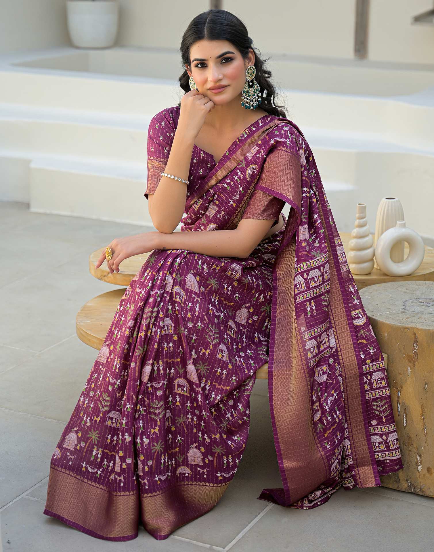 Magenta Silk Printed Zari Stripe Saree