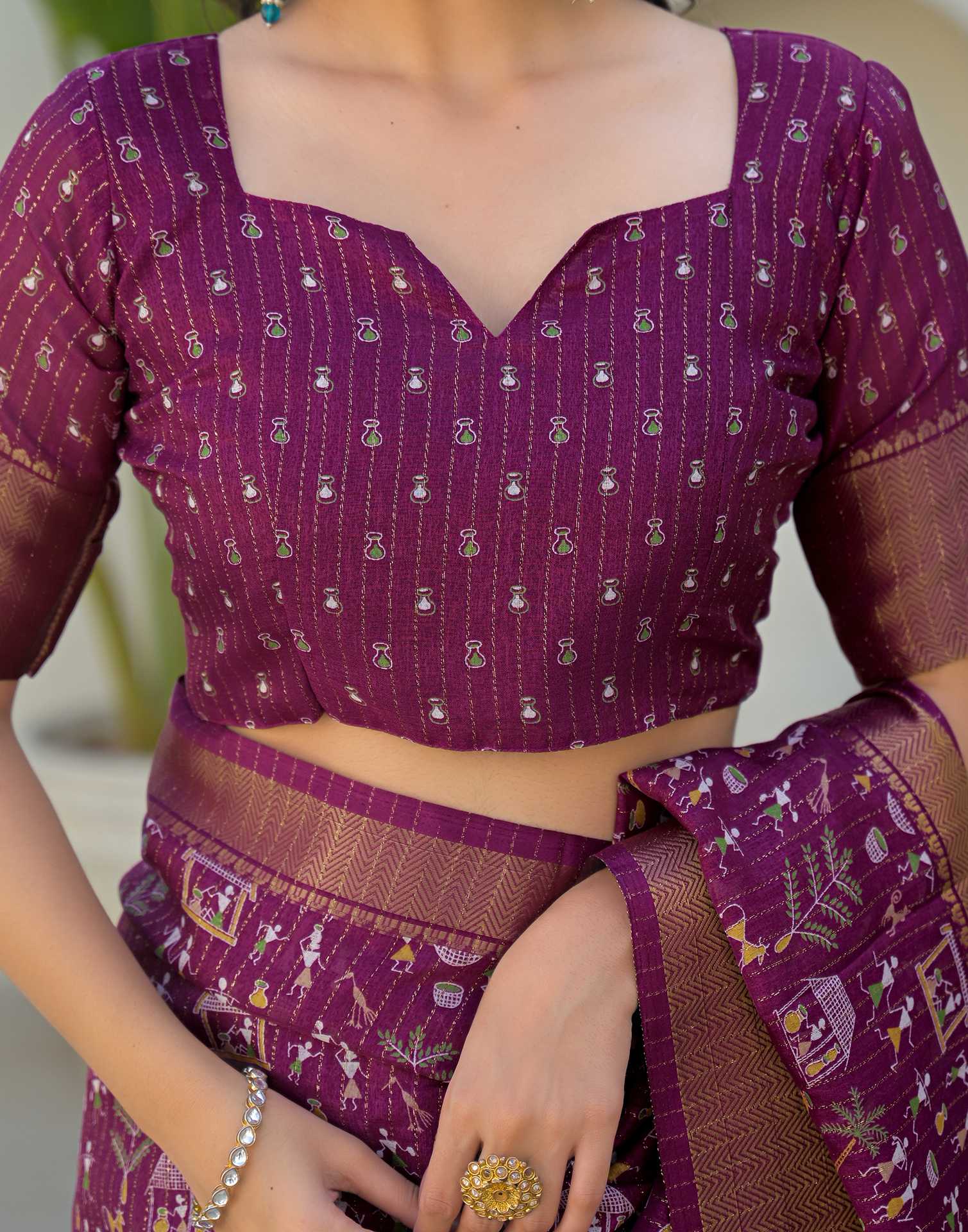 Magenta Silk Printed Zari Stripe Saree