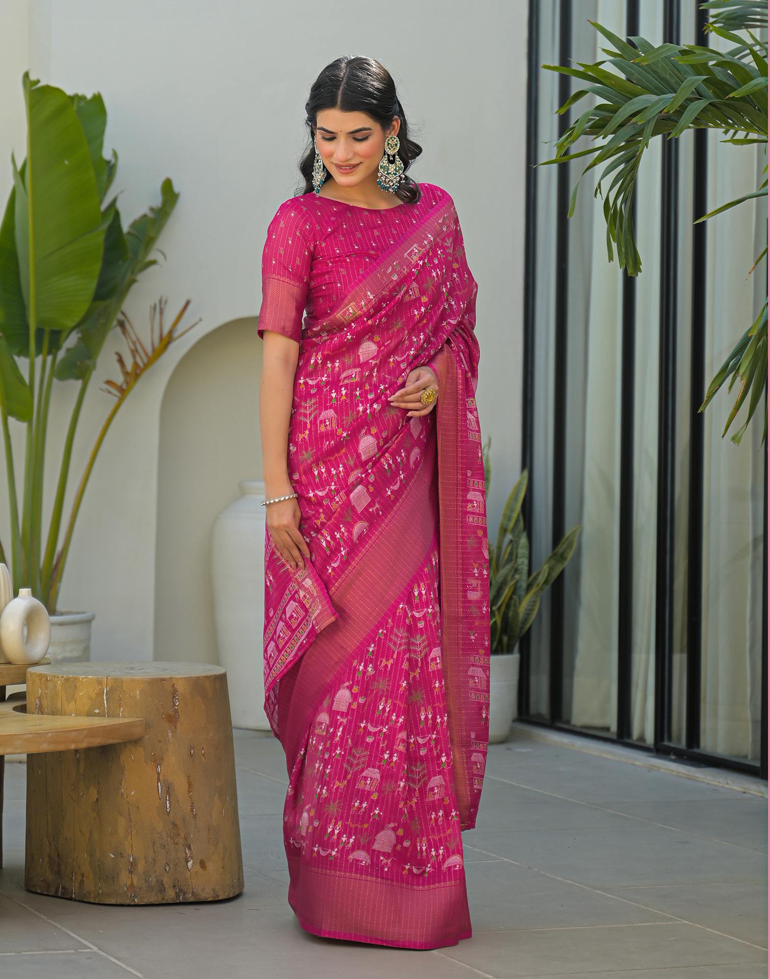 Pink Silk Printed Zari Stripe Saree