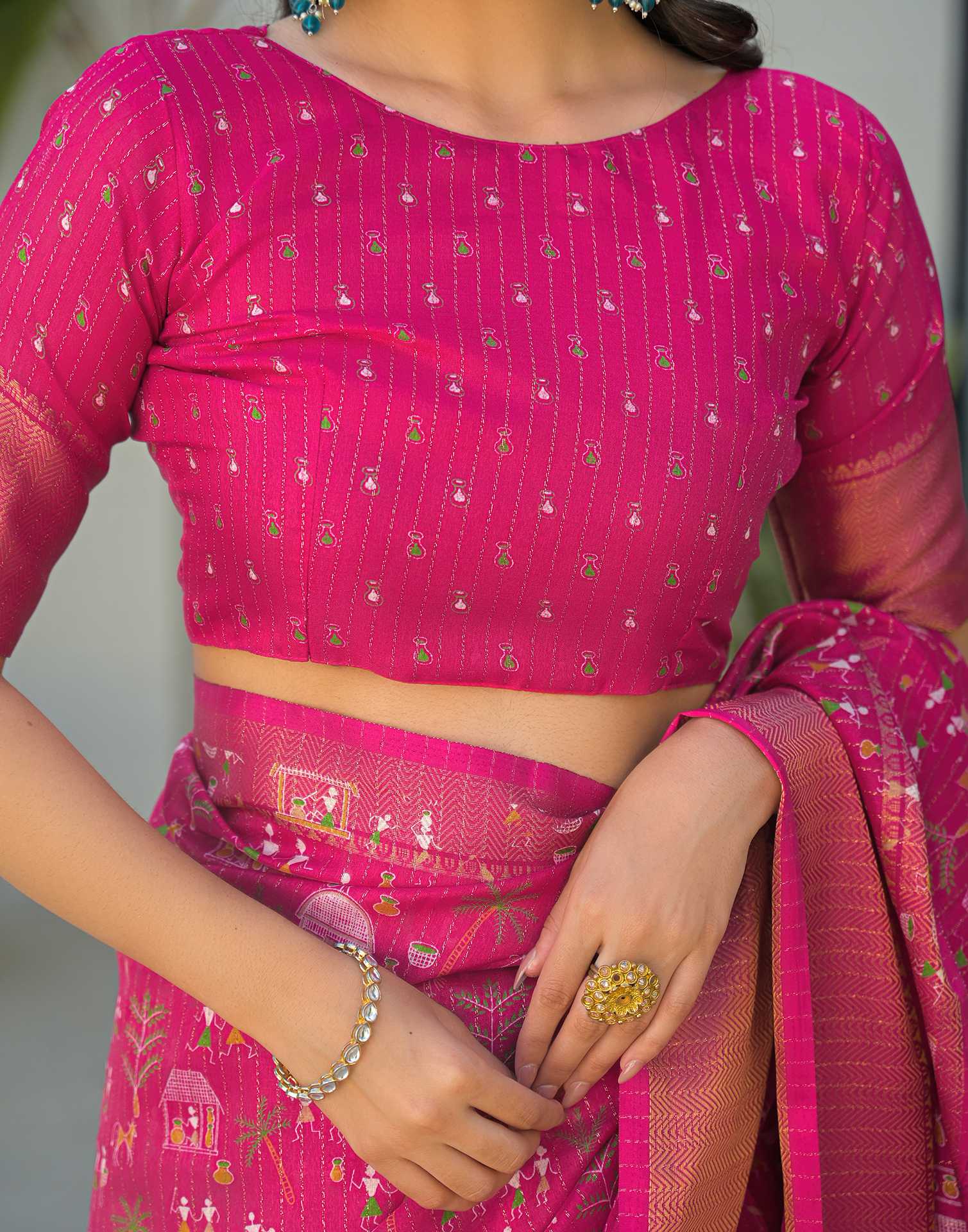 Pink Silk Printed Zari Stripe Saree