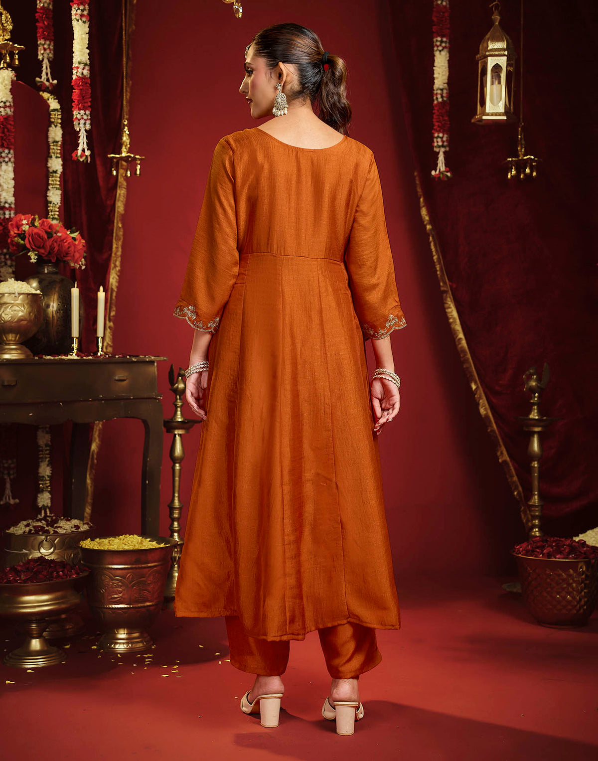 Burnt Orange Vichitra Silk Embroidery Flared Anarkali Kurta Set With Dupatta