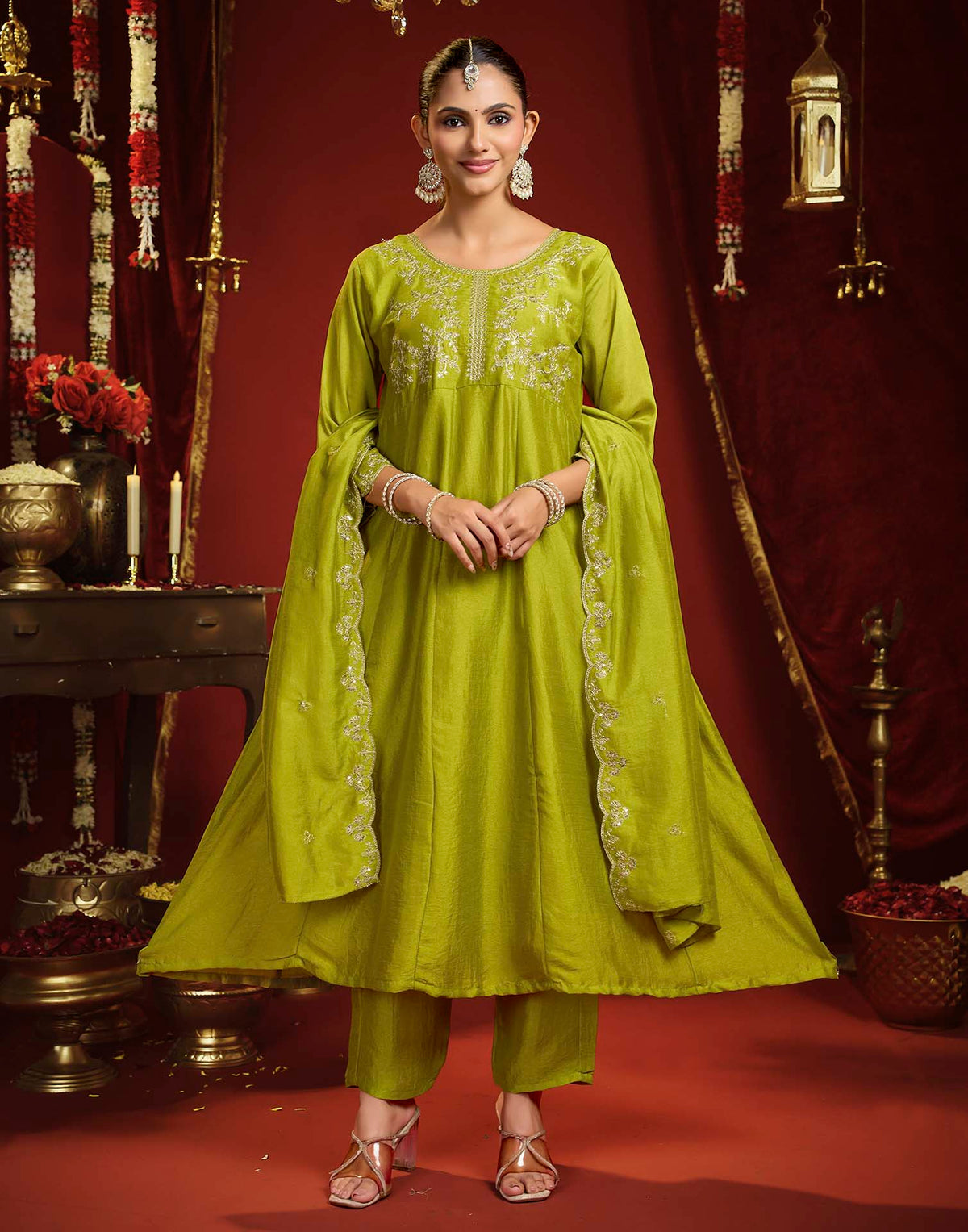 Lime Green Vichitra Silk Embroidery Flared Anarkali Kurta Set With Dupatta
