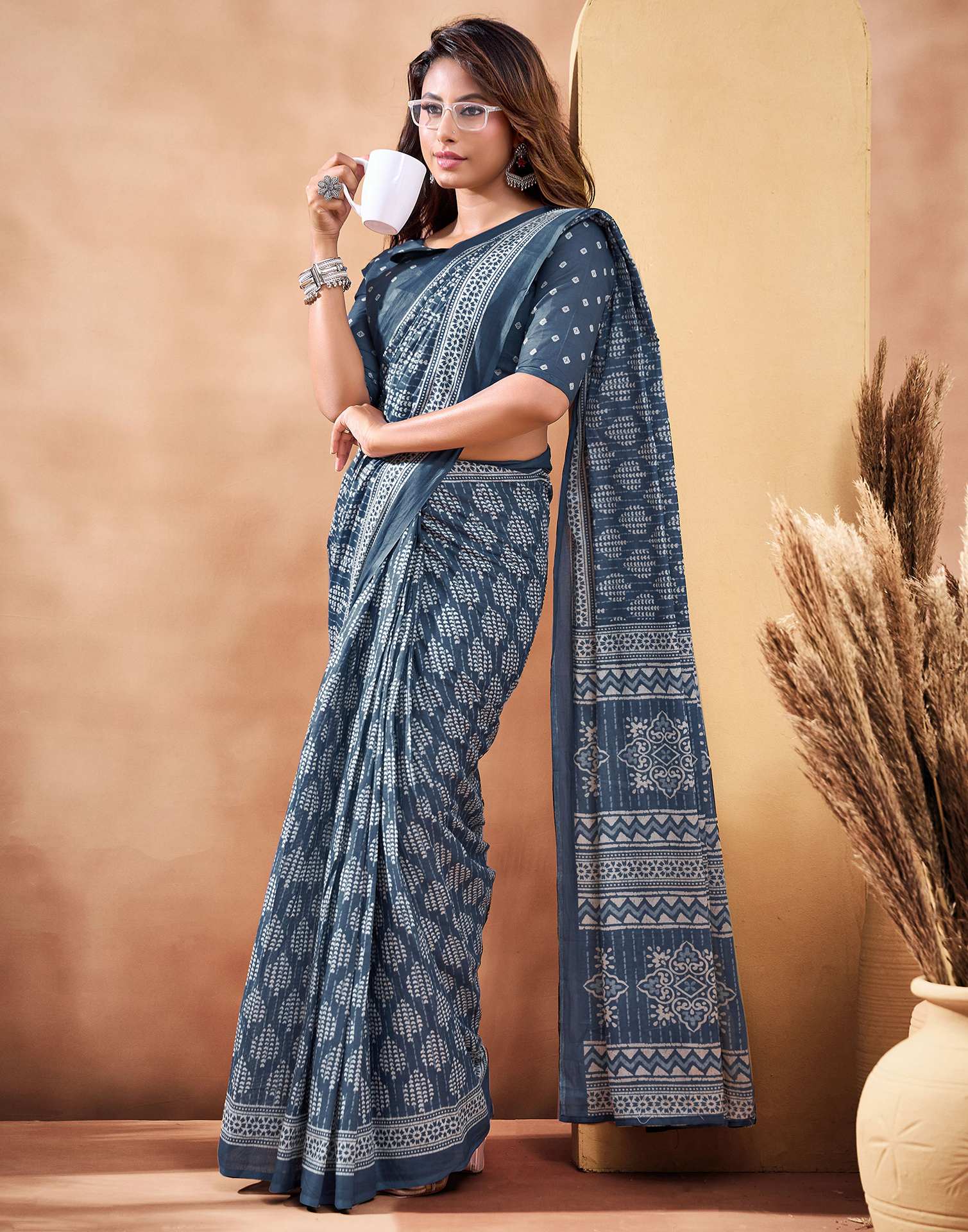 Ready To Wear Blue Cotton Printed Saree