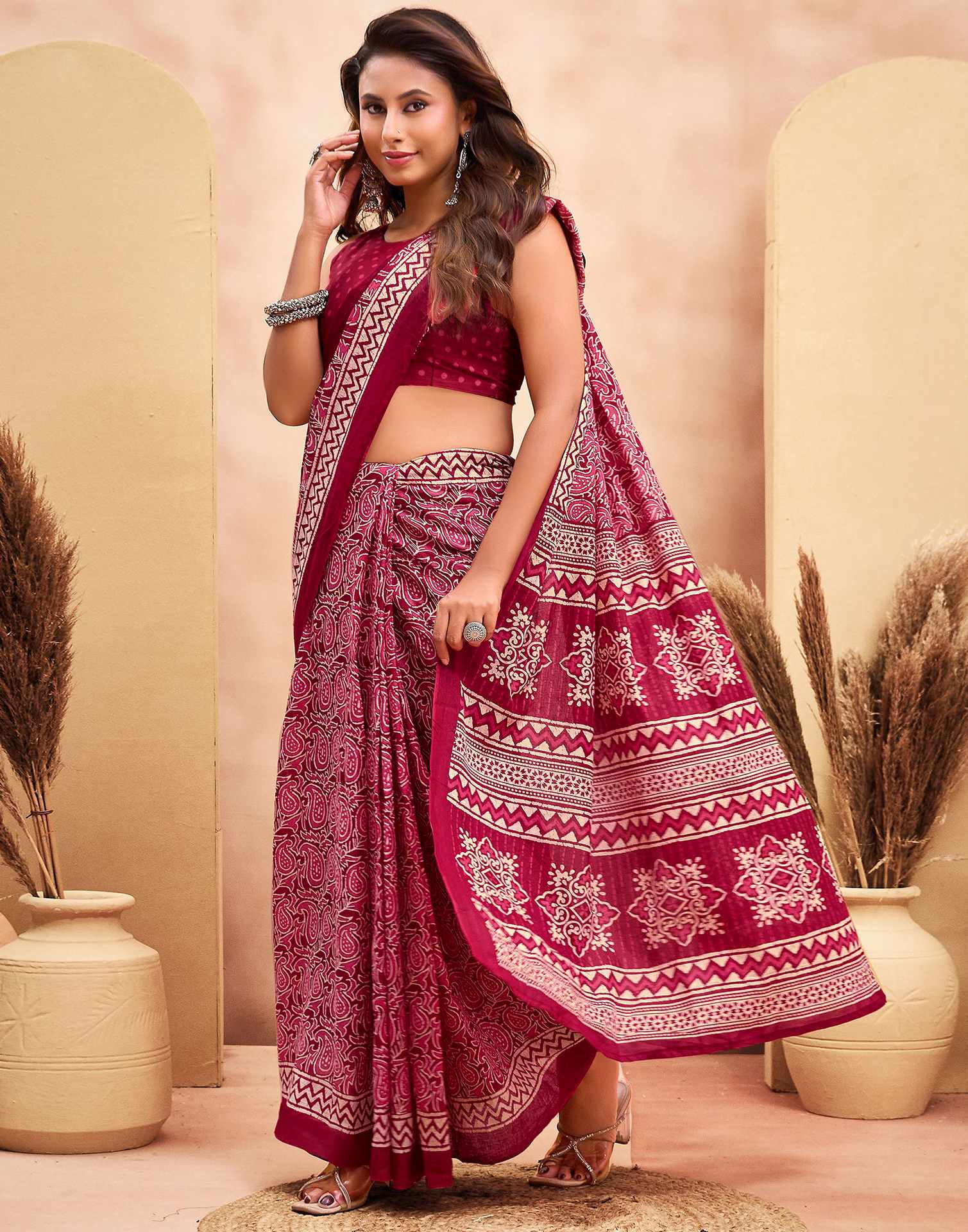 Ready To Wear Maroon Cotton Printed Saree