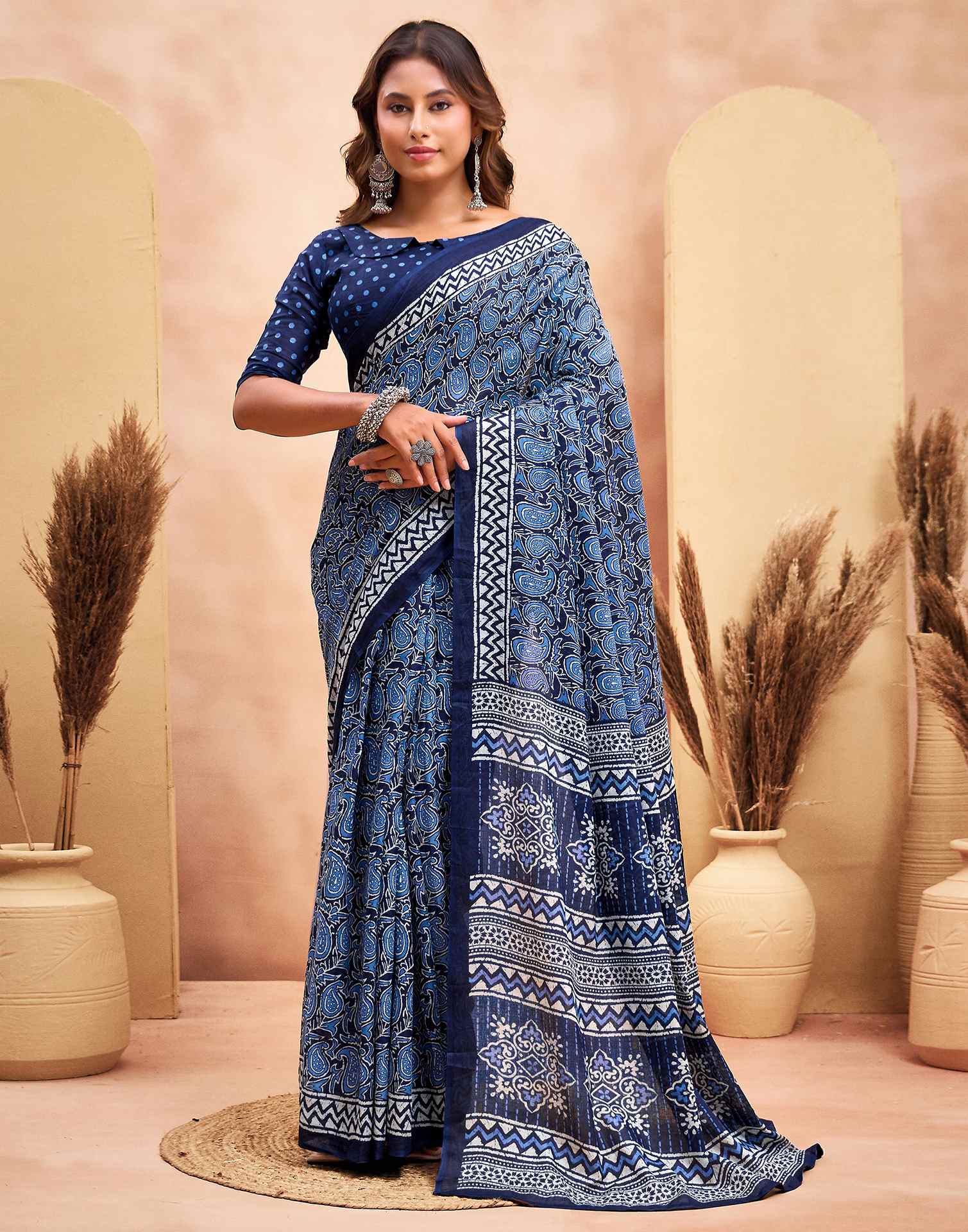 Ready To Wear Navy Blue Cotton Printed Saree