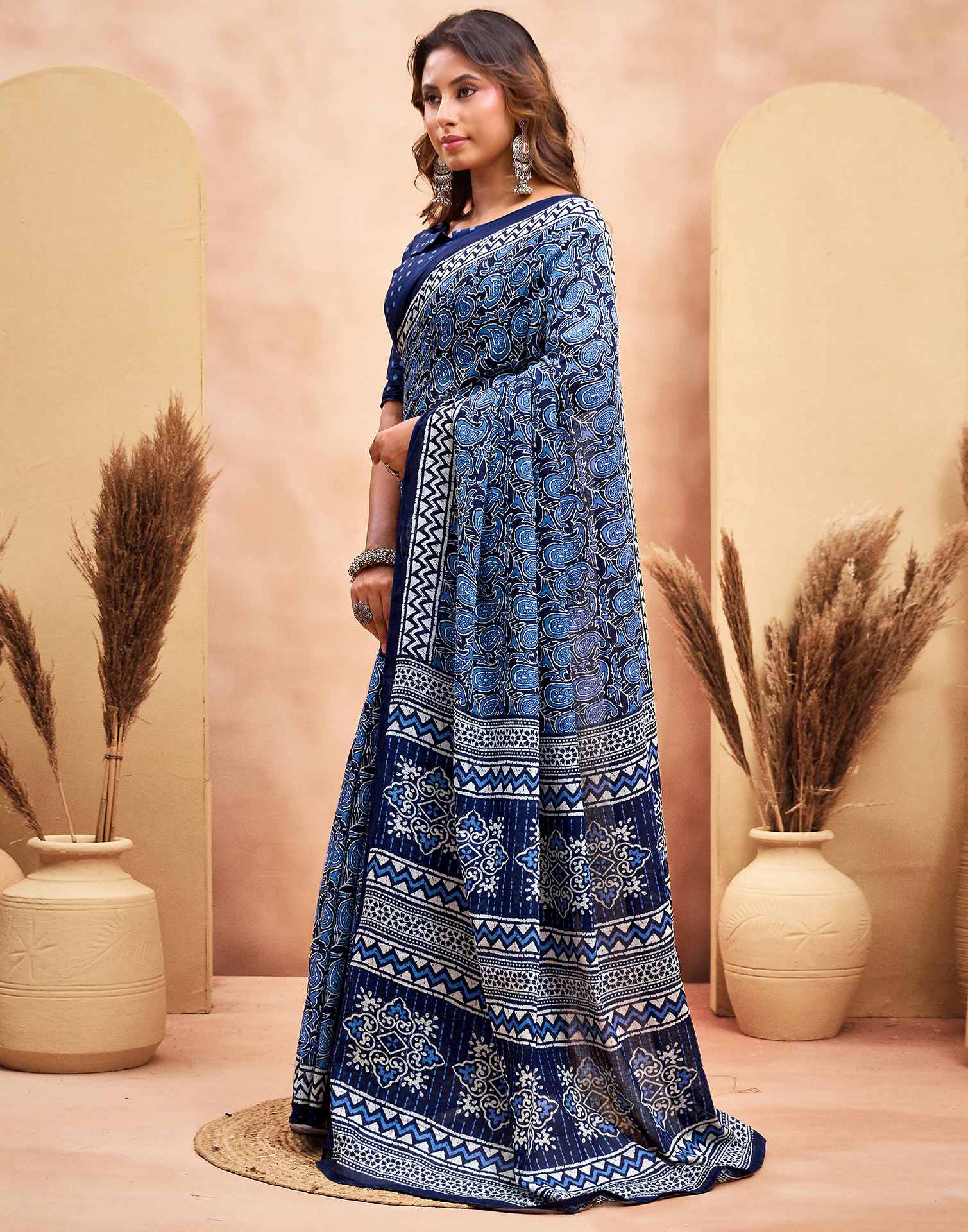 Ready To Wear Navy Blue Cotton Printed Saree