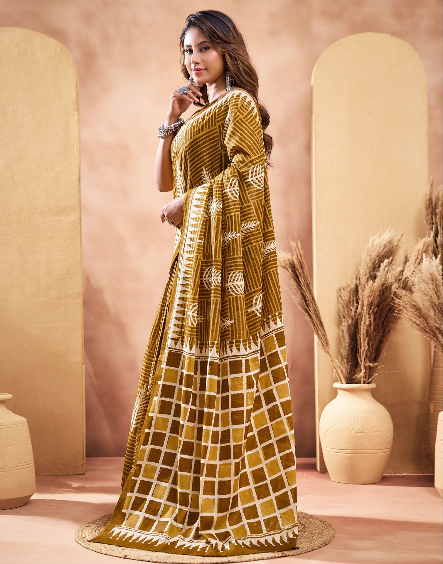 Ready To Wear Dark Mustard Cotton Printed Saree
