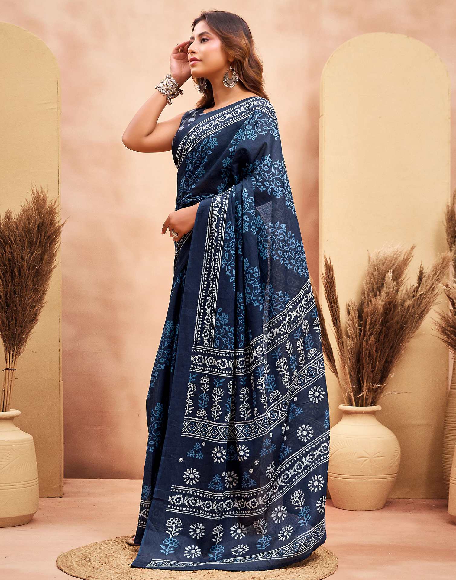 Ready To Wear Dark Navy Blue Cotton Printed Saree