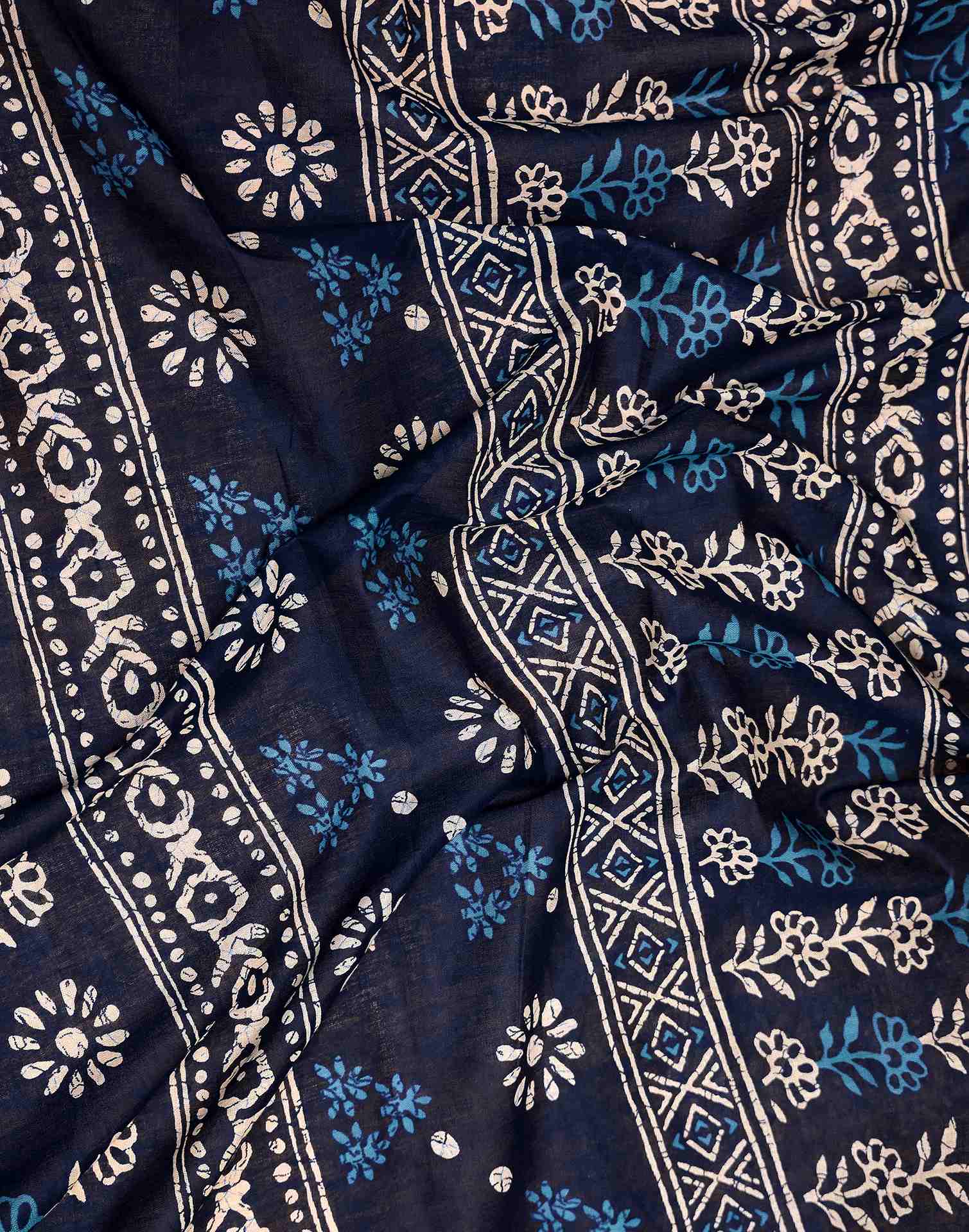 Ready To Wear Dark Navy Blue Cotton Printed Saree