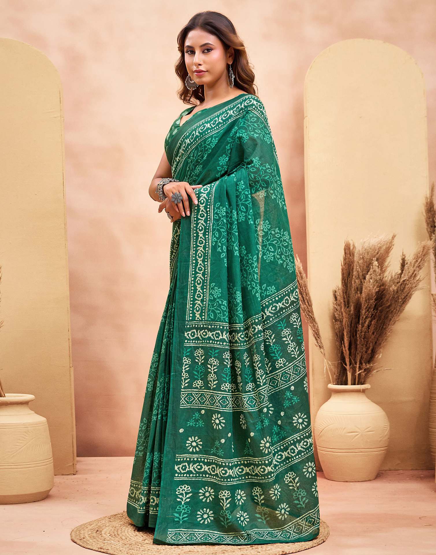 Ready To Wear Green Cotton Printed Saree