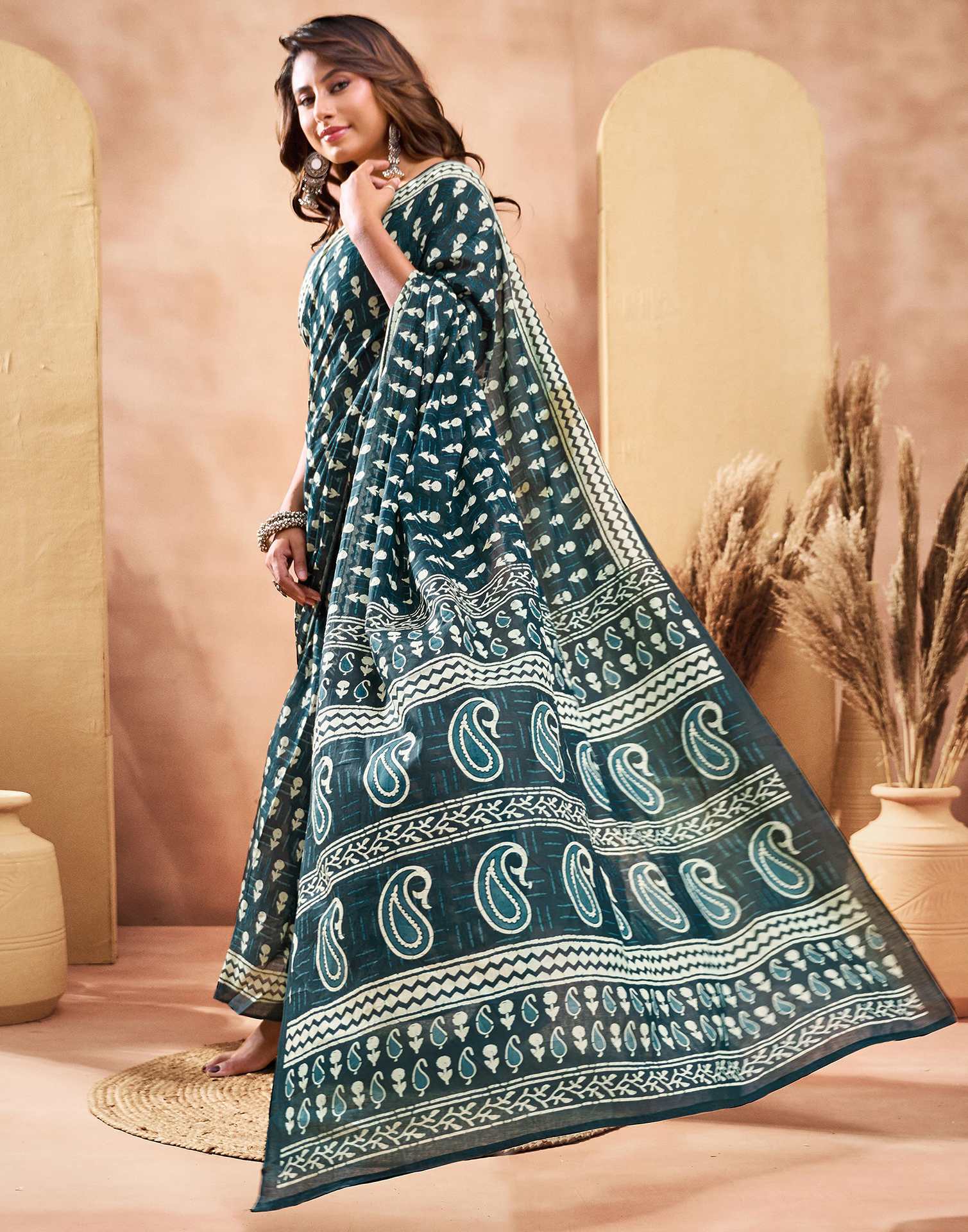 Ready To Wear Dark Rama Green Cotton Printed Saree
