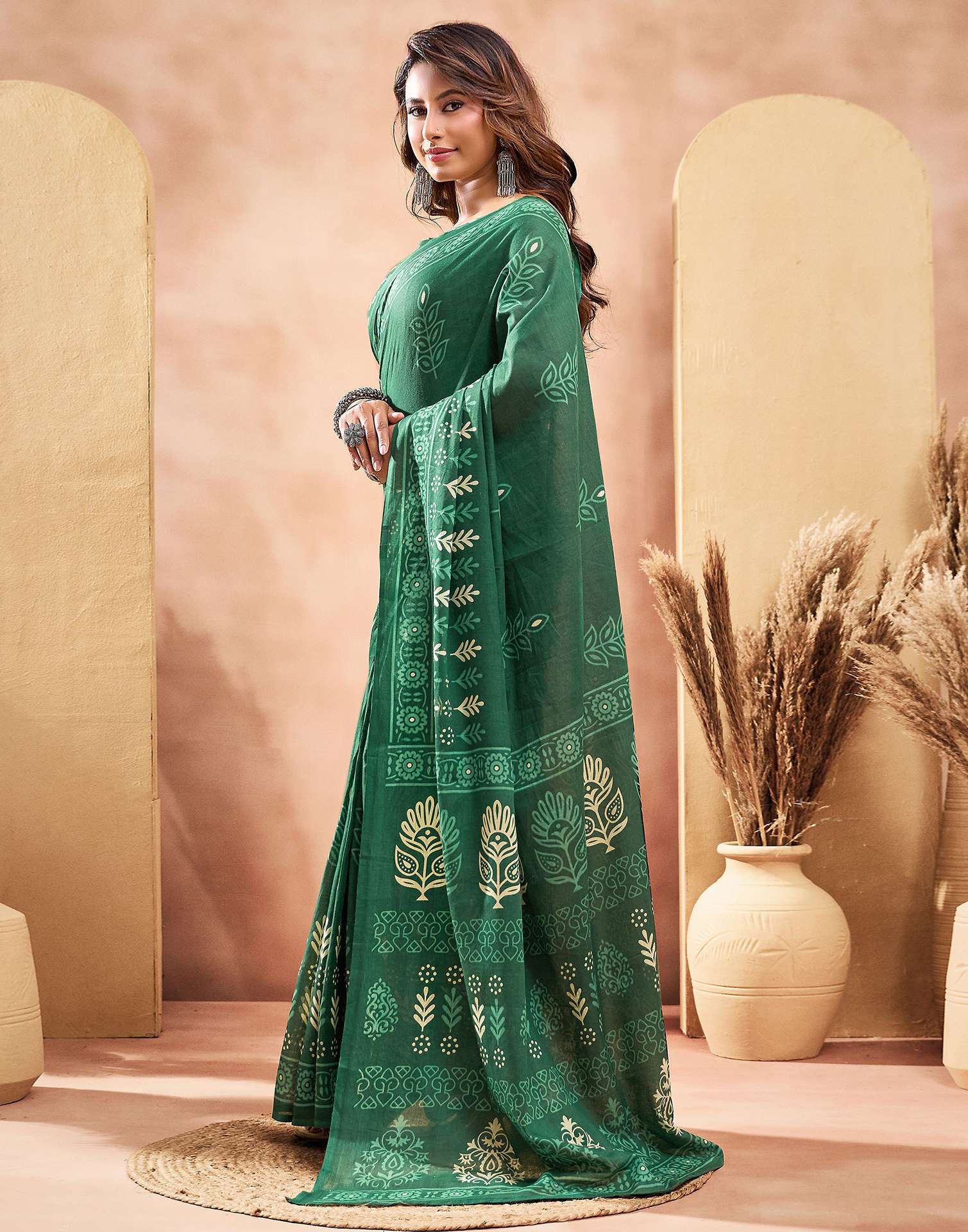 Ready To Wear Dark Green Cotton Printed Saree