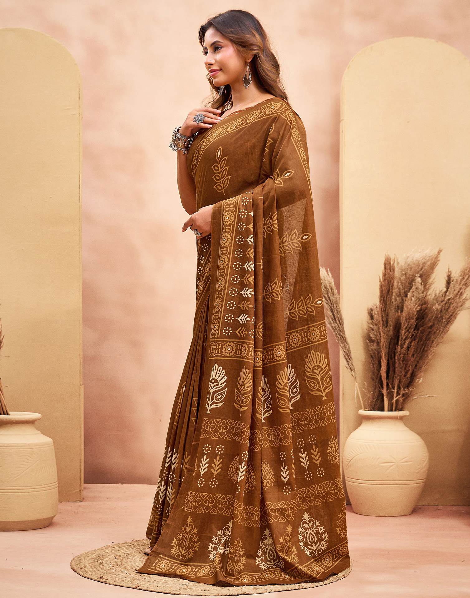 Ready To Wear Brown Cotton Printed Saree