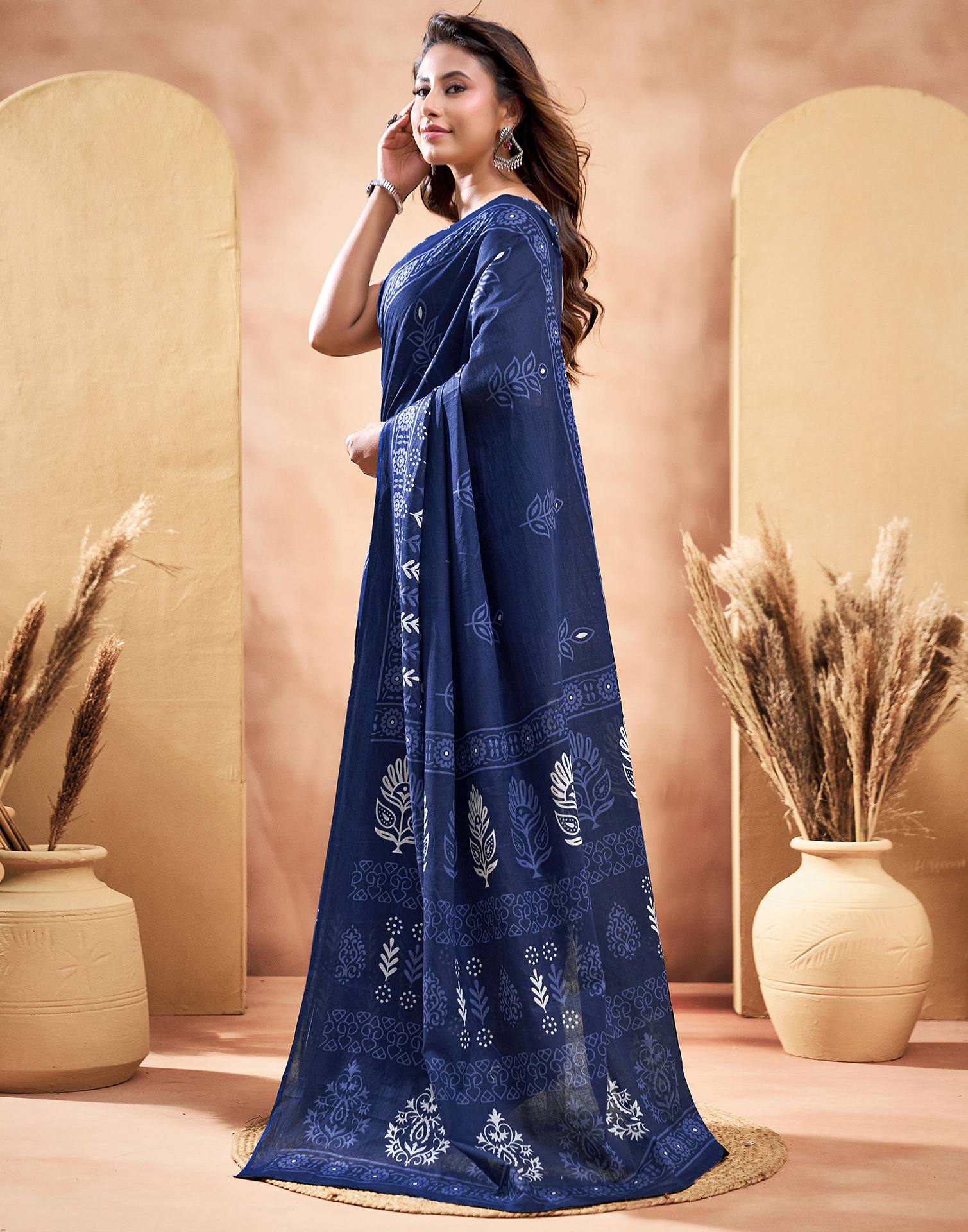 Ready To Wear Navy Blue Cotton Printed Saree