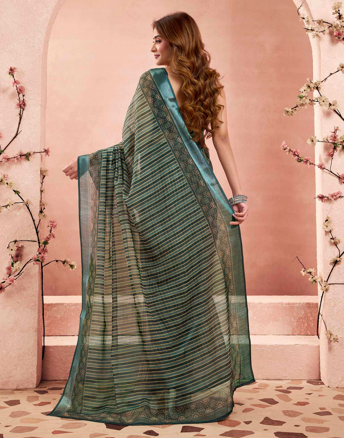 Ready To Wear Bottle Green Linen Printed Saree