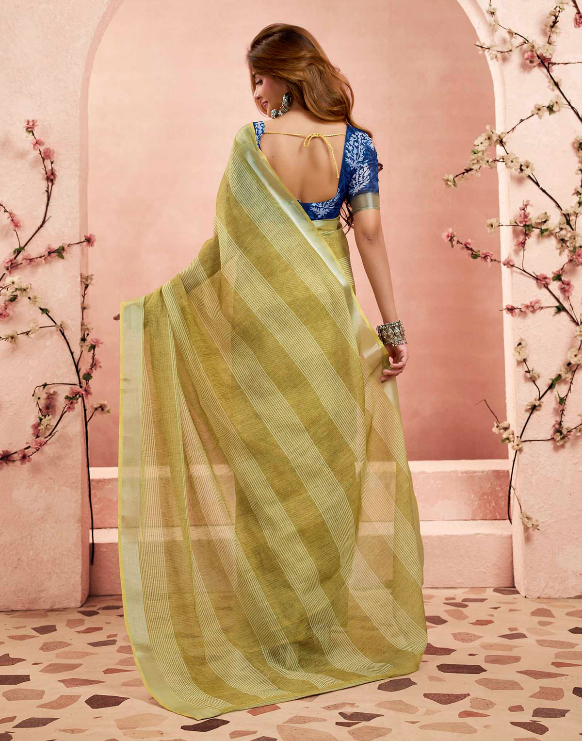 Ready To Wear Olive Green Linen Printed Saree