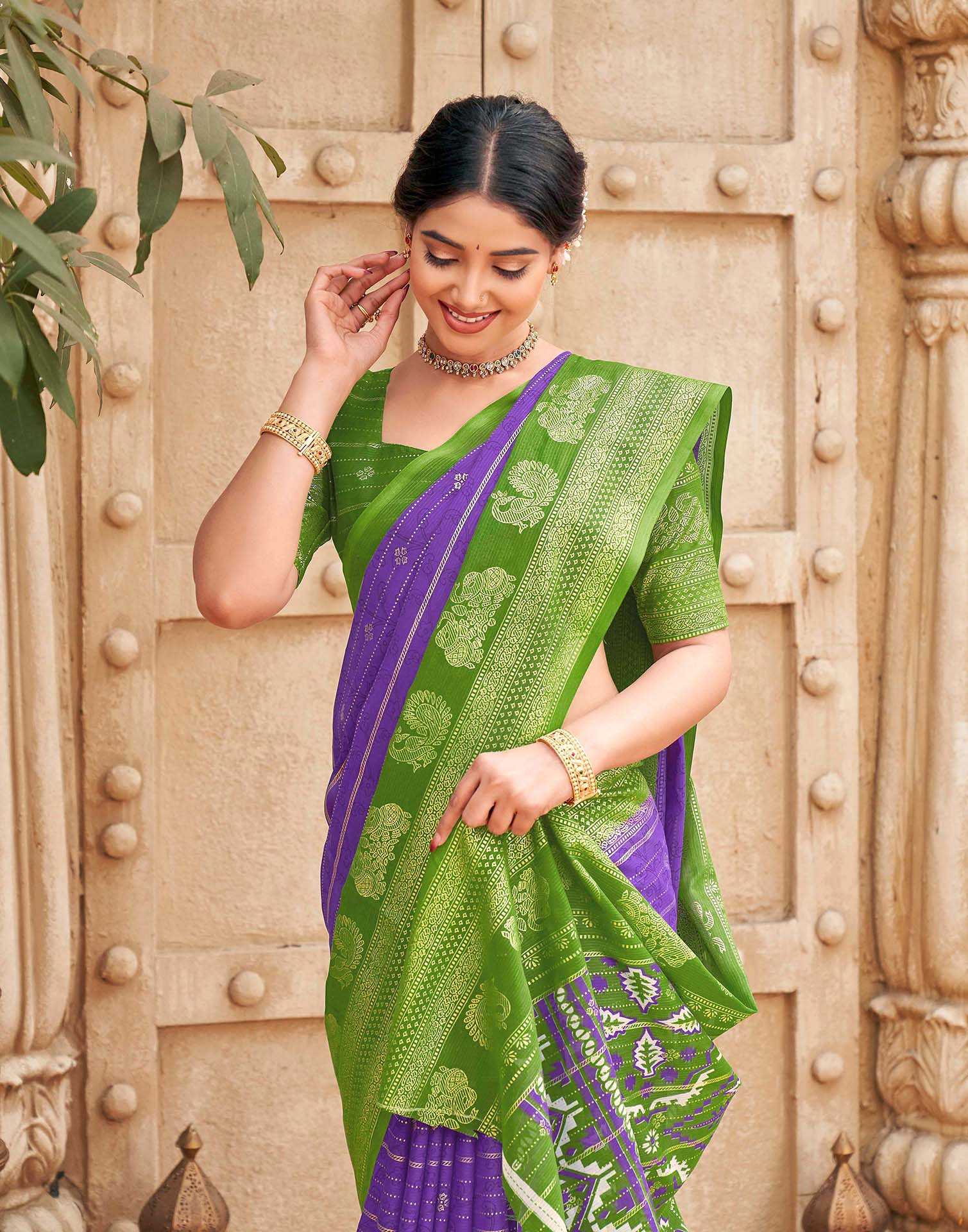 Purple Georgette Foil Printed Saree