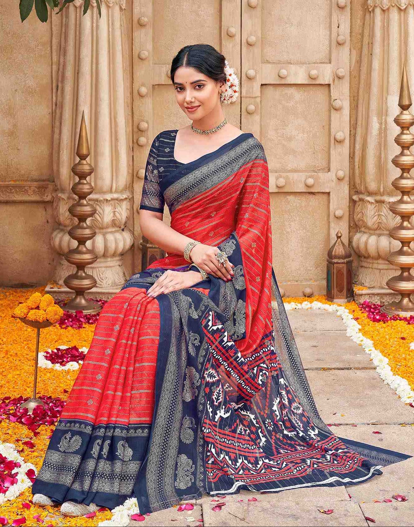 Red Georgette Foil Printed Saree
