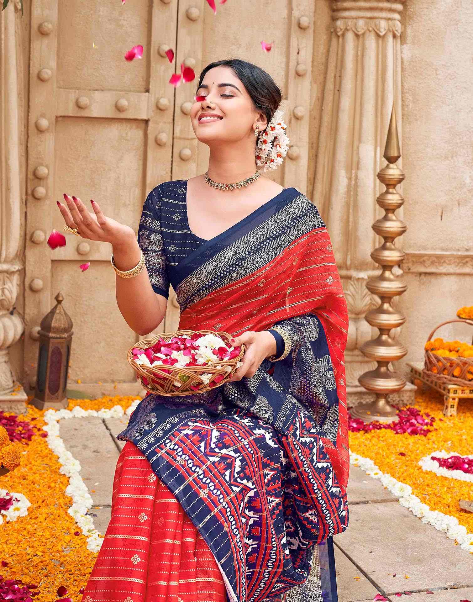 Red Georgette Foil Printed Saree