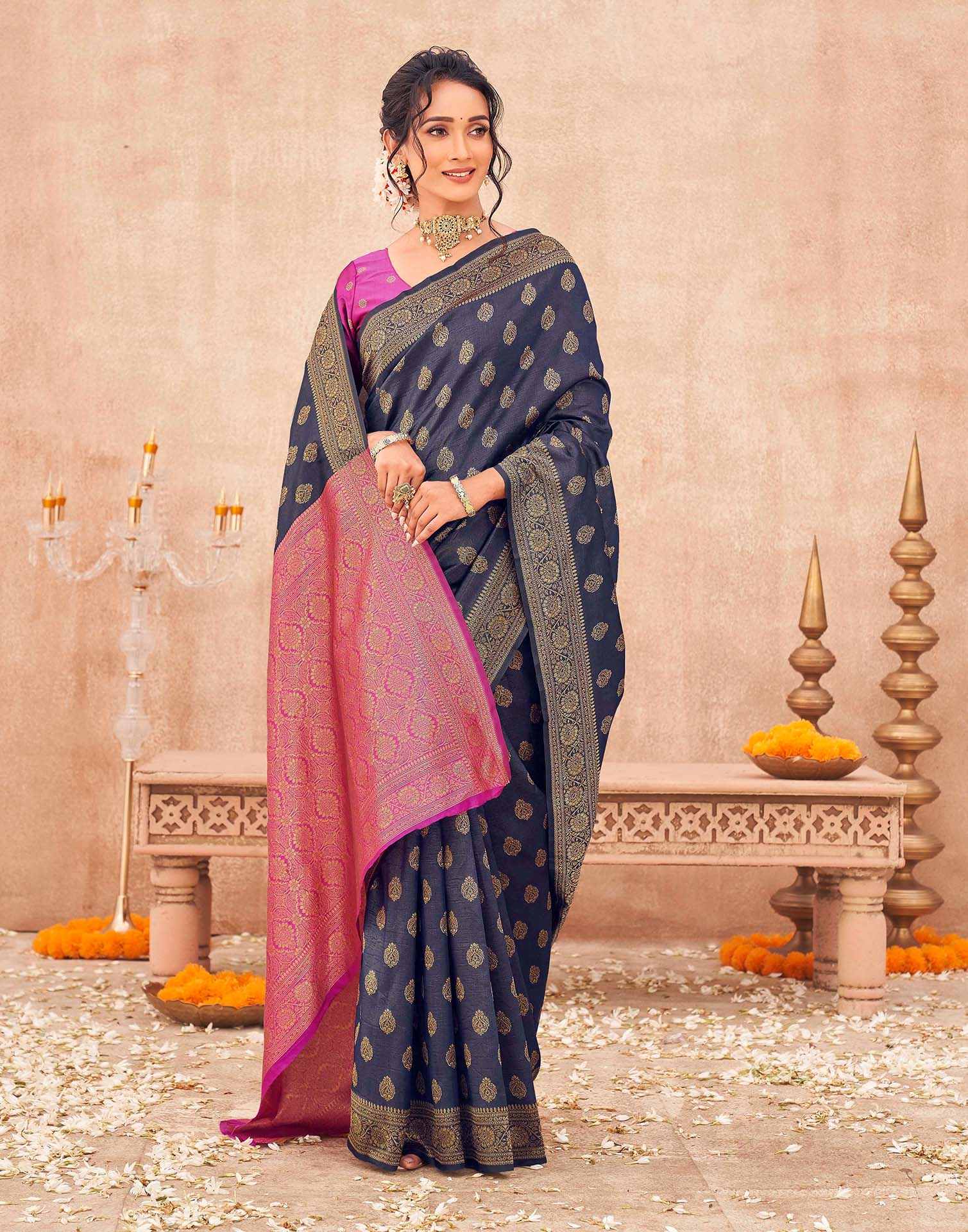 Navy Blue Shimmer Silk Woven Banarasi Saree