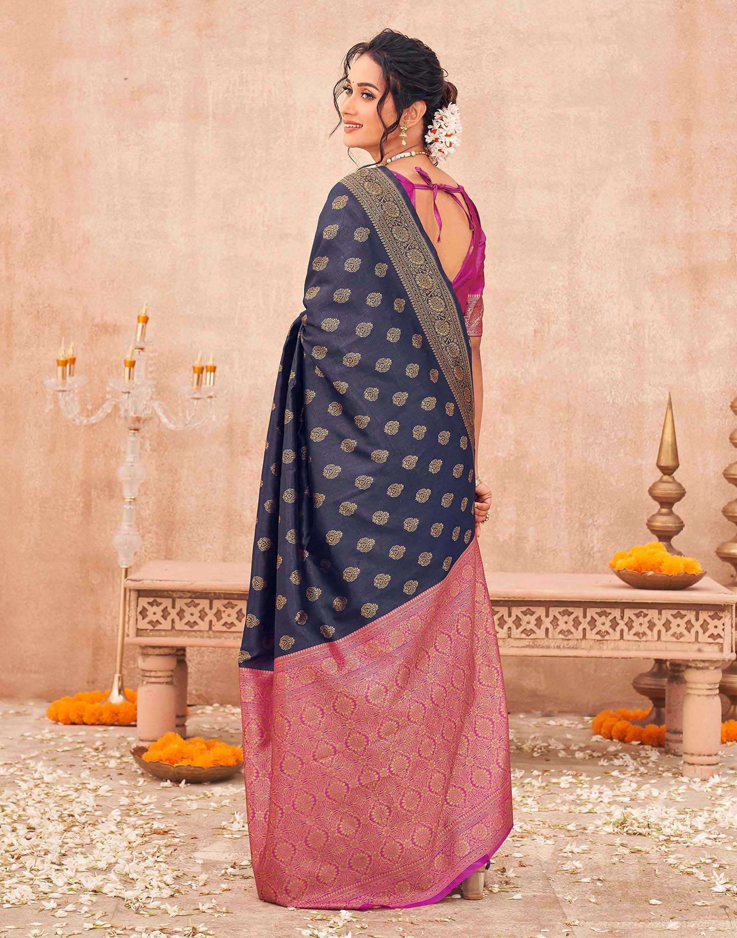 Navy Blue Shimmer Silk Woven Banarasi Saree